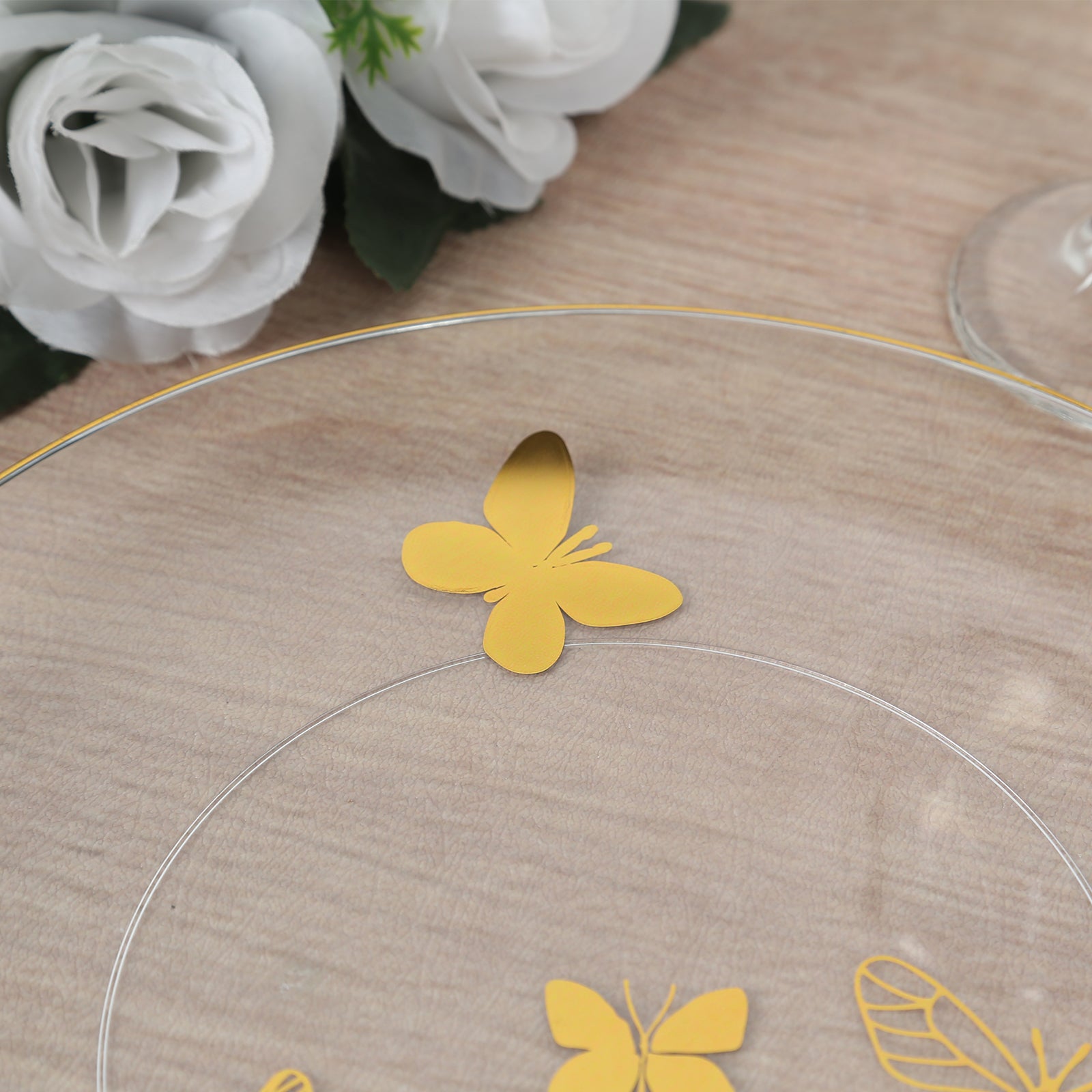 Set of 20 Plastic Round Dinner and Salad Plates in Clear with Gold Butterfly Design & Gold Rim - Stylish Disposable Dinnerware 8, 10