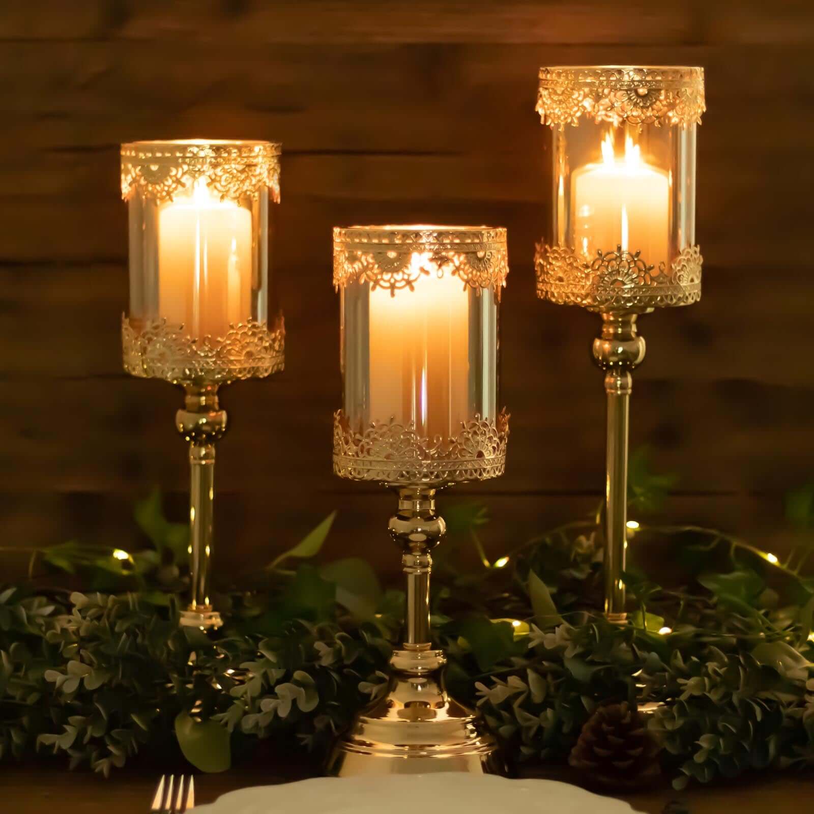 Set of 3 Lace Votive Candle Stands Antique Gold with Hurricane Glass Shades - Refined Pillar Candle Holders 13, 15, 17