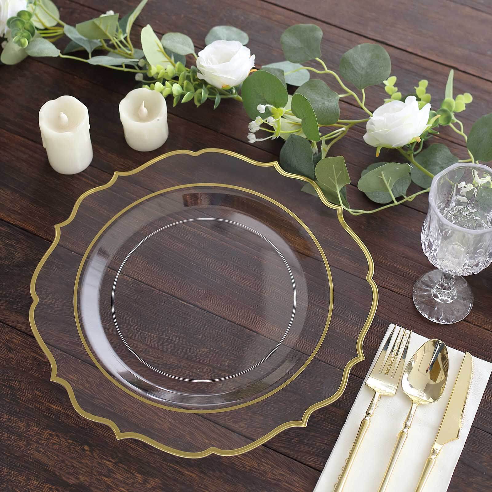 10-Pack Economy Plastic Round Charger Plates 13 in Clear with Gold Scalloped Rim, Decorative Dinner Party Serving Plates