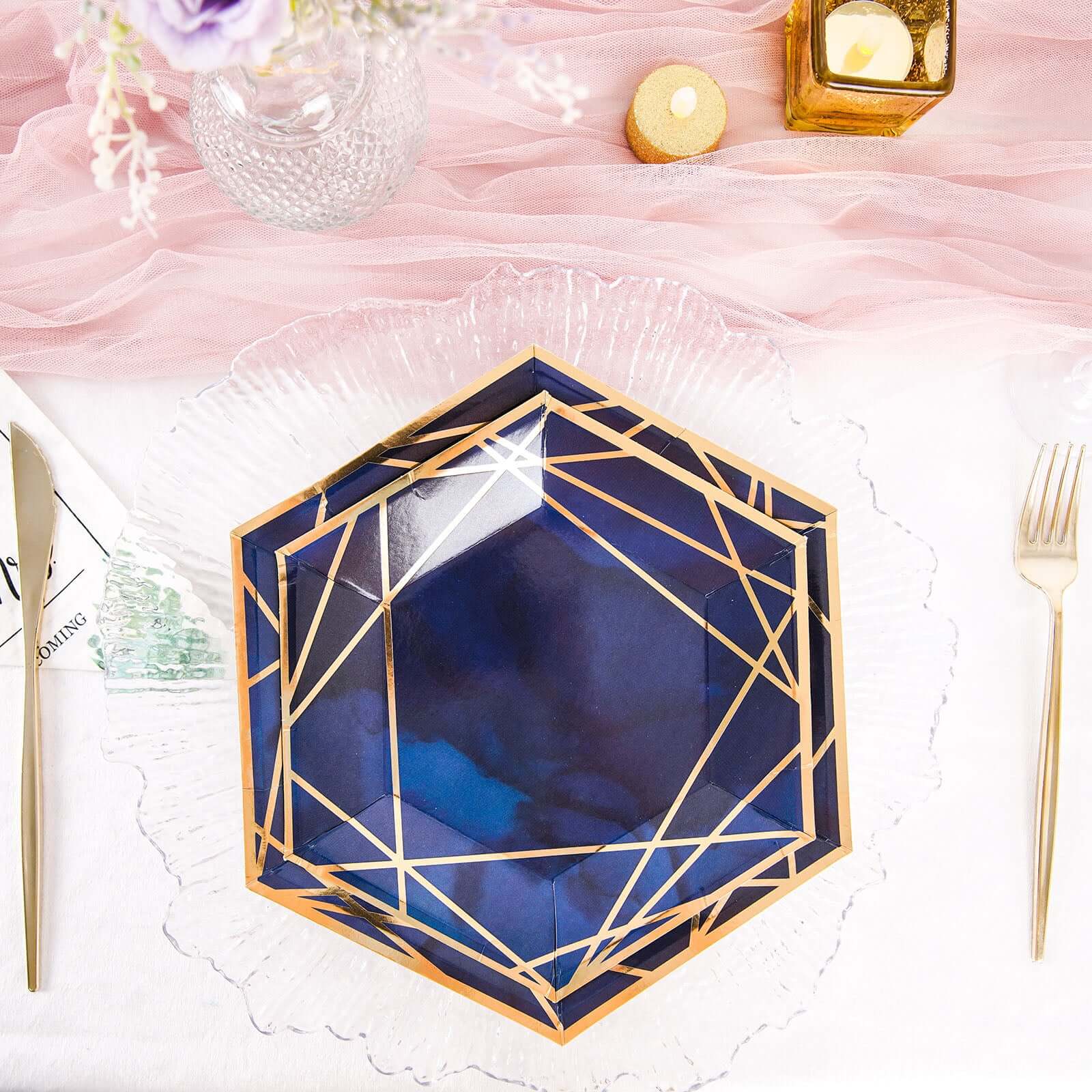 25-Pack Paper 7 Hexagon Dessert Plates in Navy Blue with Gold Geometric Lines & Rim - Stylish Disposable Geometric 300GSM Appetizer Salad Plates