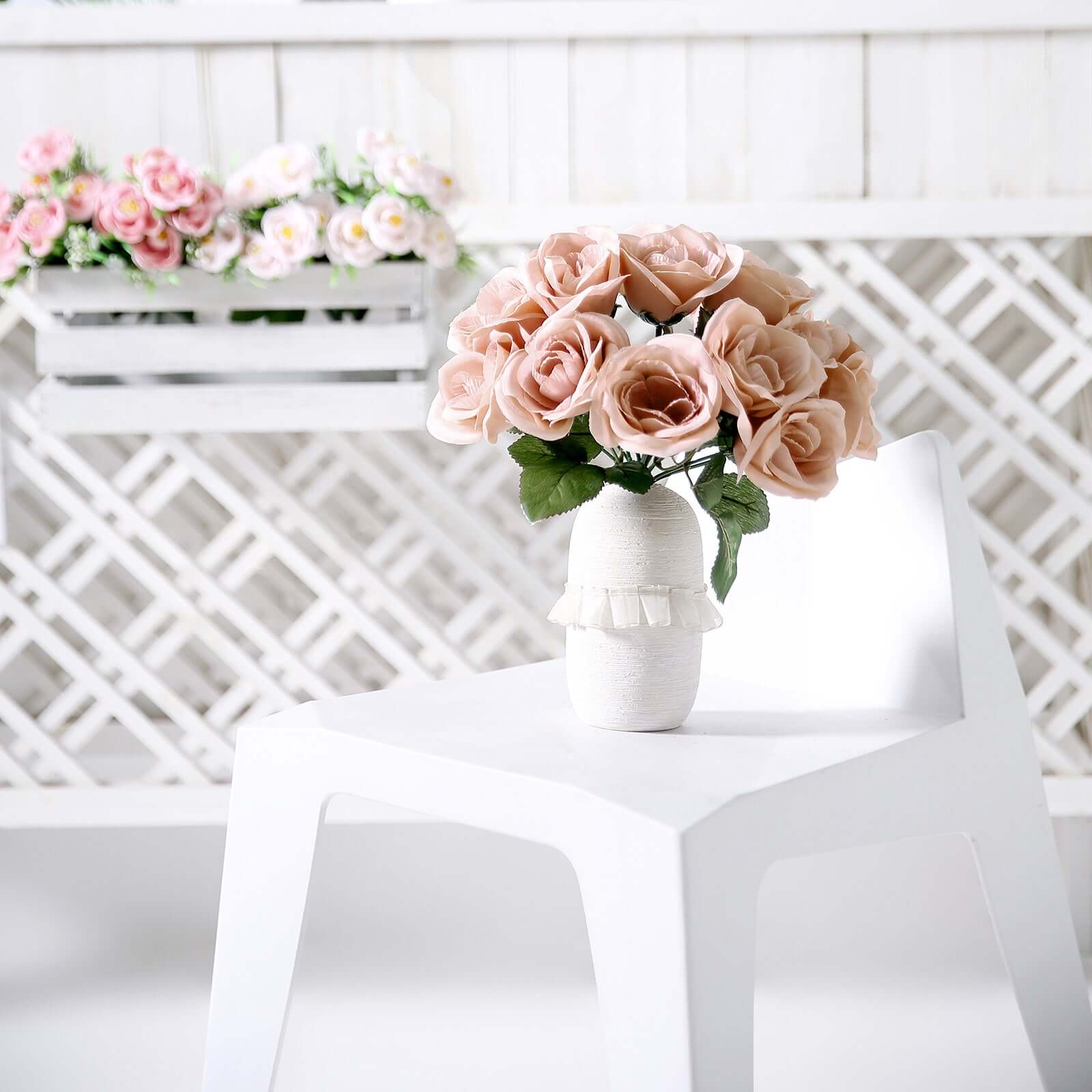 12 Dusty Rose Artificial Velvet-Like Fabric Rose Flower Bouquet Bush