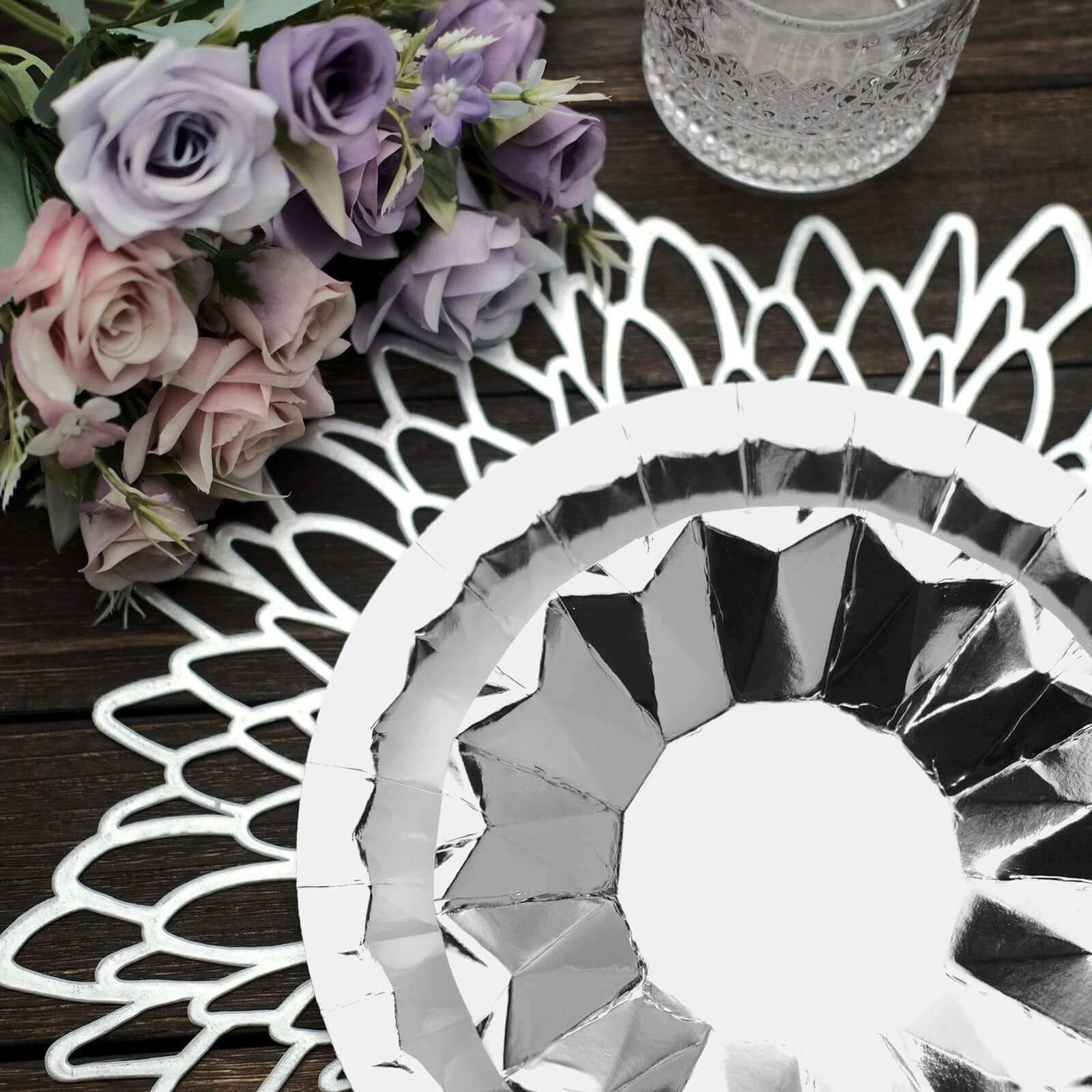 25-Pack Paper 9 Round Dinner Plates in Metallic Silver with Geometric Prism Rim - Disposable 400GSM Party Plates