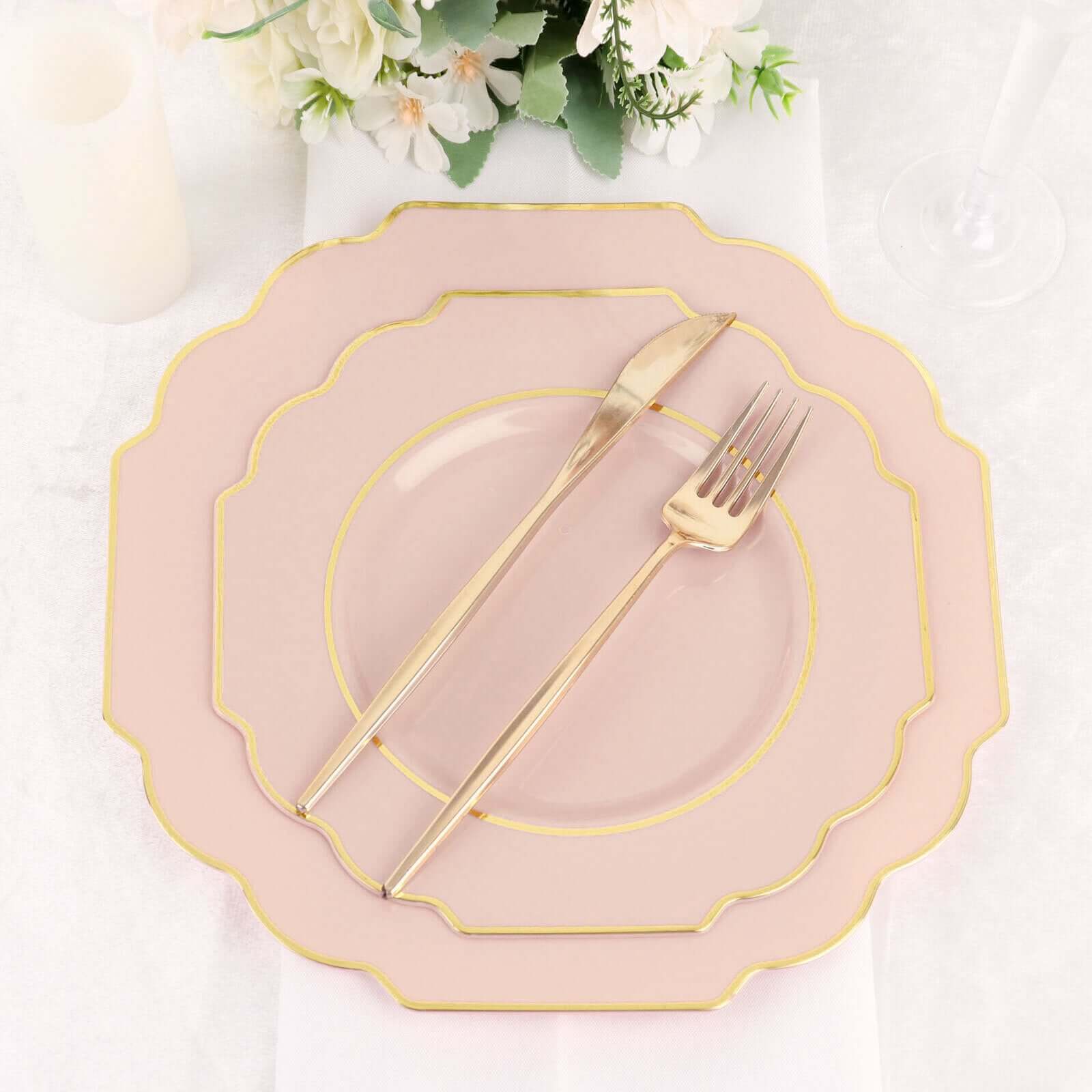 10-Pack Plastic Dinner Plates in Blush Baroque Design with Scalloped Gold Rim - Heavy Duty Disposable Party Plates 11