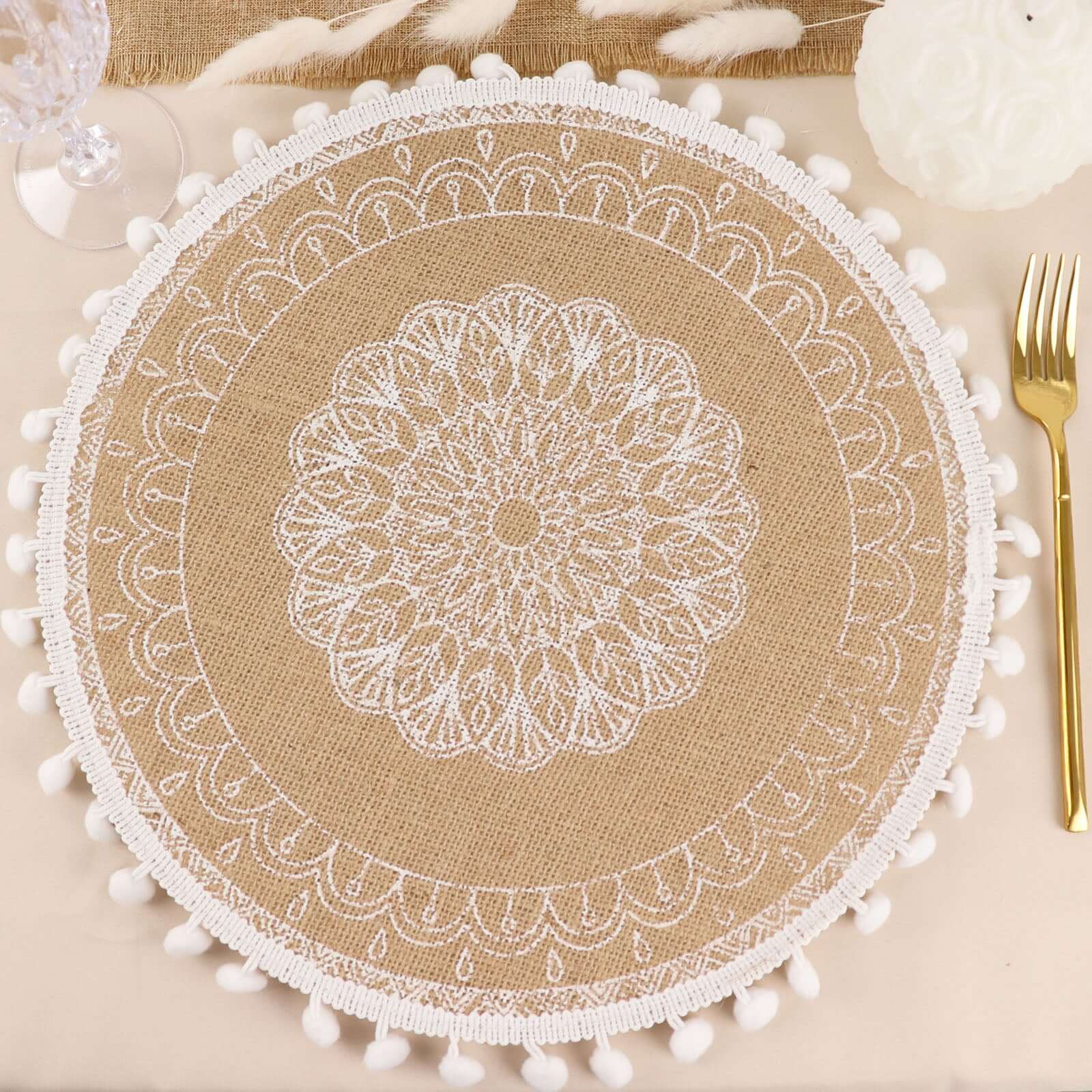 4-Pack Placemats Embroidery Mandala Print Design Natural Jute and White Round - Rustic Burlap Tassel Style with Beaded Trim 15