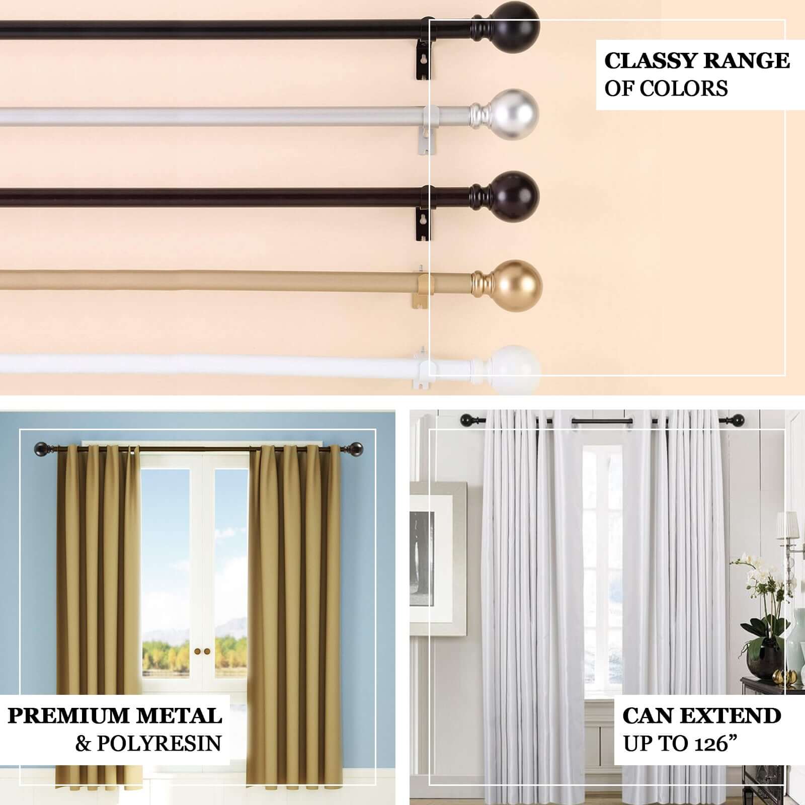 42-126 Adjustable Curtain Rod Set, Gold, Round Finials