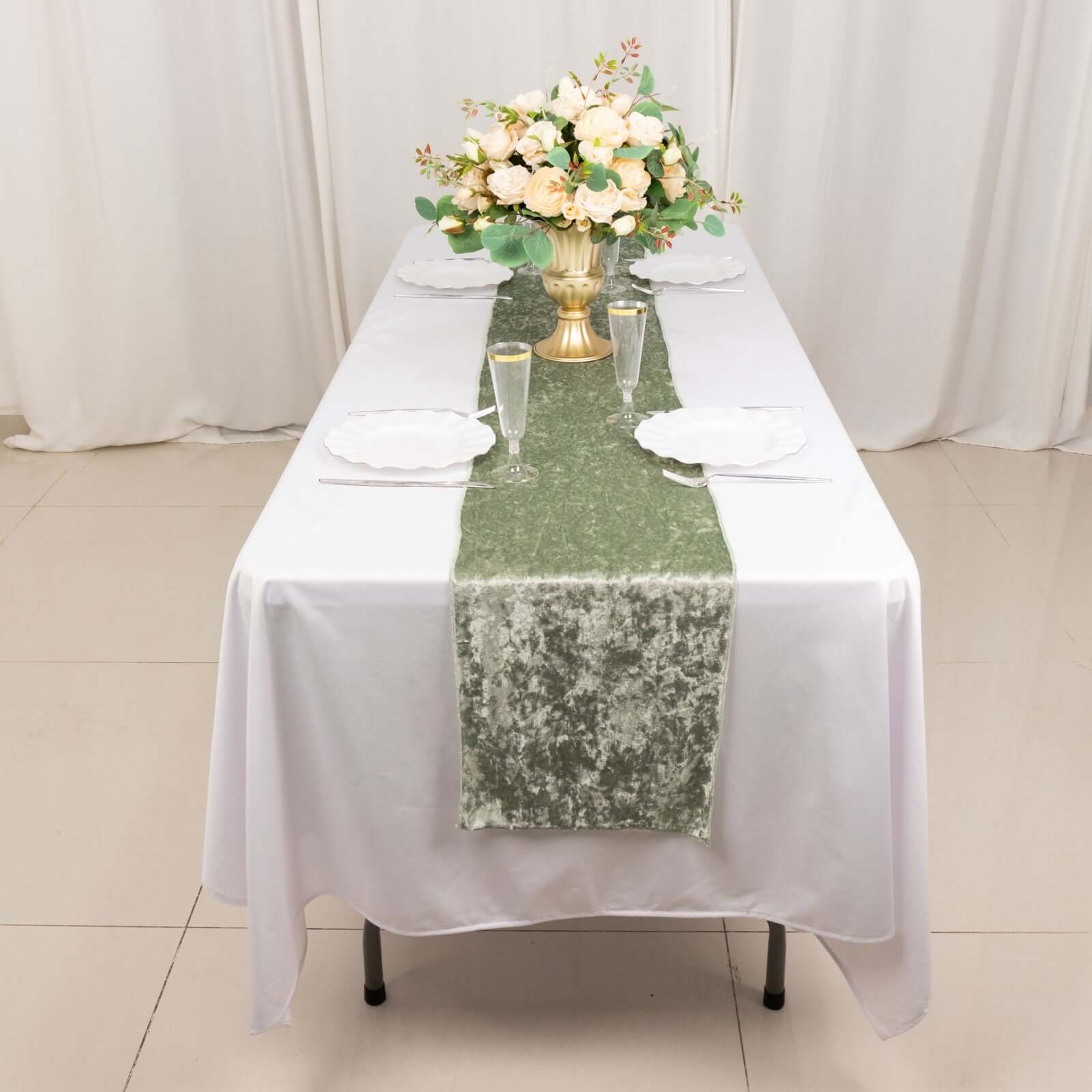 Premium Crushed Velvet 12x108 Table Runner Sage Green - Soft & Wrinkle-Resistant Table Linen