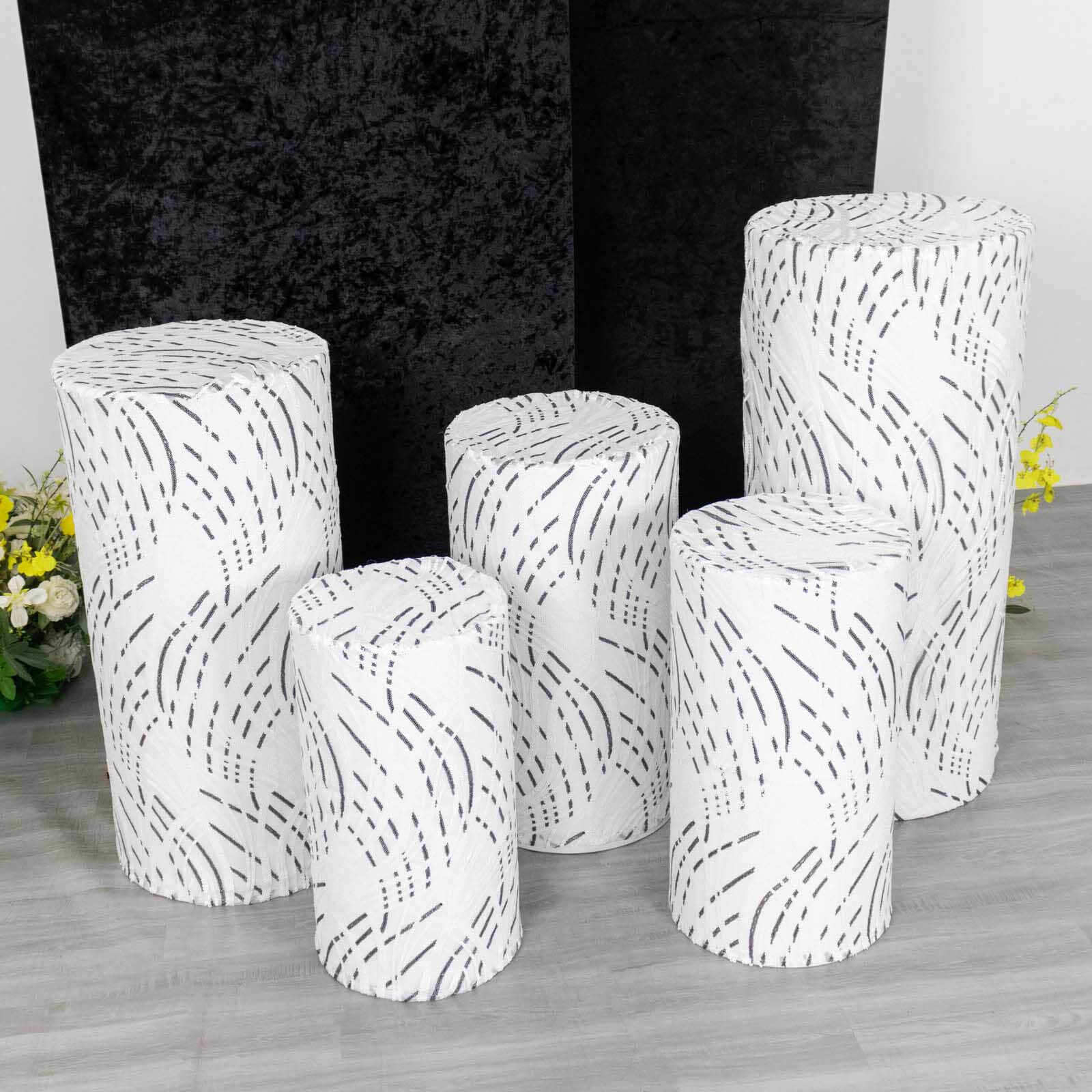 Set of 5 White Wave Mesh Cylinder Pedestal Stand Covers with Embroidered Sequins, Pillar Prop Covers - 160 GSM