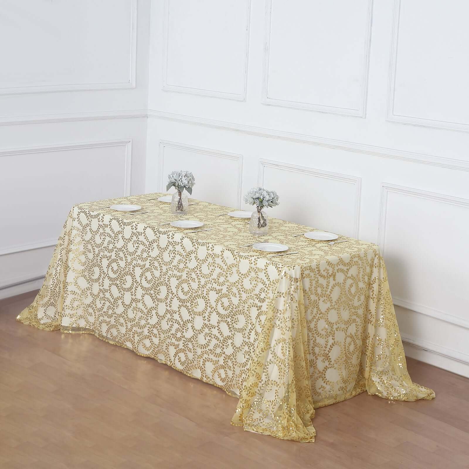 Tulle 90x156 Rectangle Tablecloth Gold - Sequin Leaf Embroidered Design for Luxe Celebrations