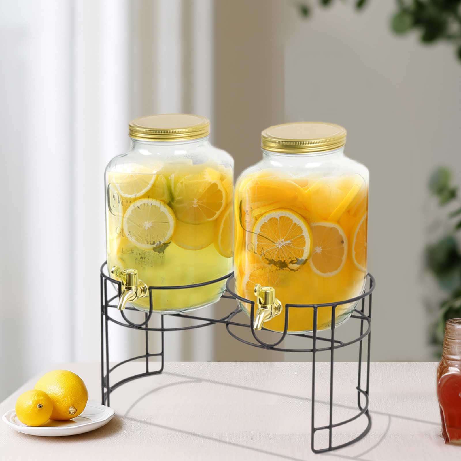 2-Pack Clear Glass Beverage Dispenser Stand, Dual Juice Jars with Gold Metal Lids and Spigot - Convenient Serving Feature 2-Gallon