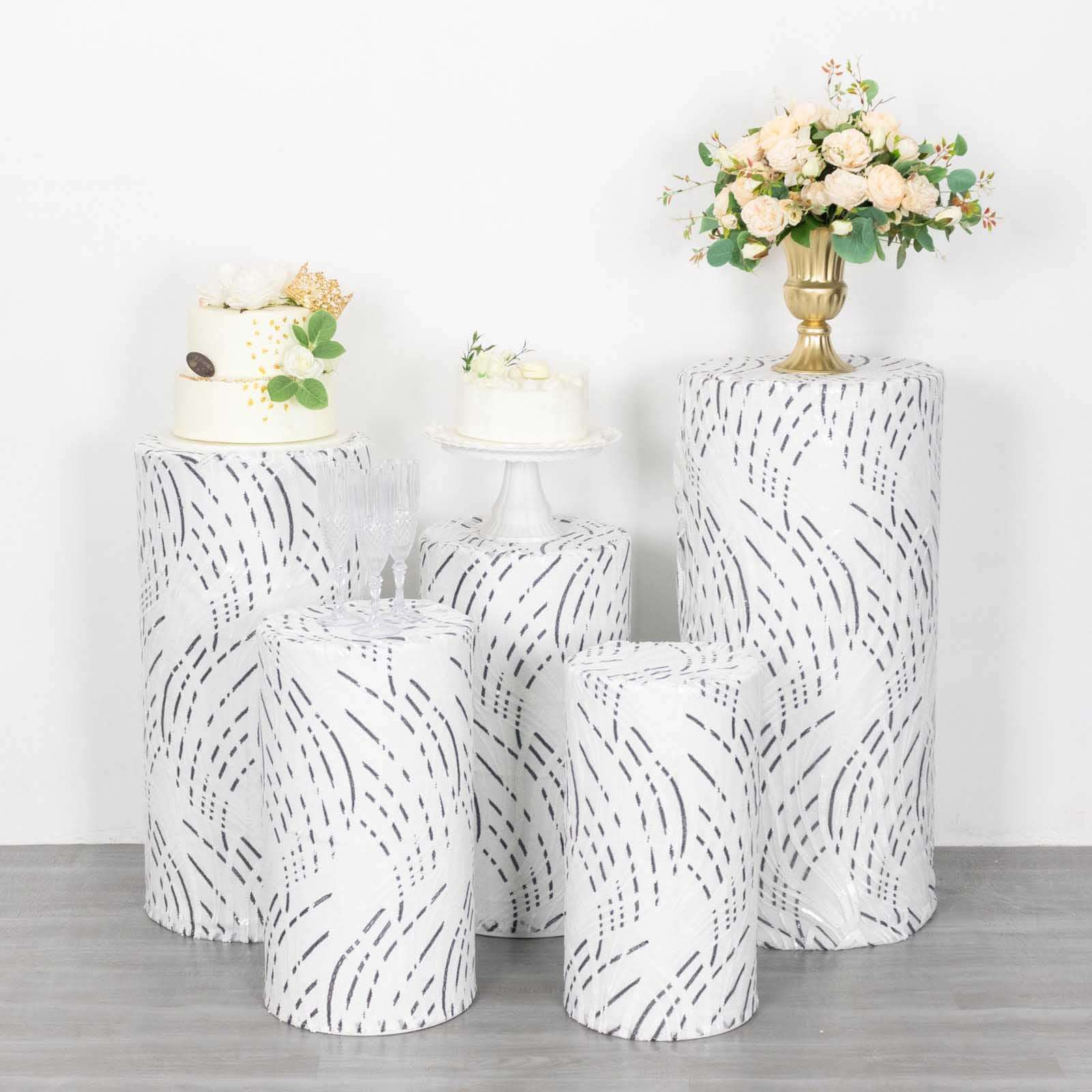 Set of 5 White Wave Mesh Cylinder Pedestal Stand Covers with Embroidered Sequins, Pillar Prop Covers - 160 GSM