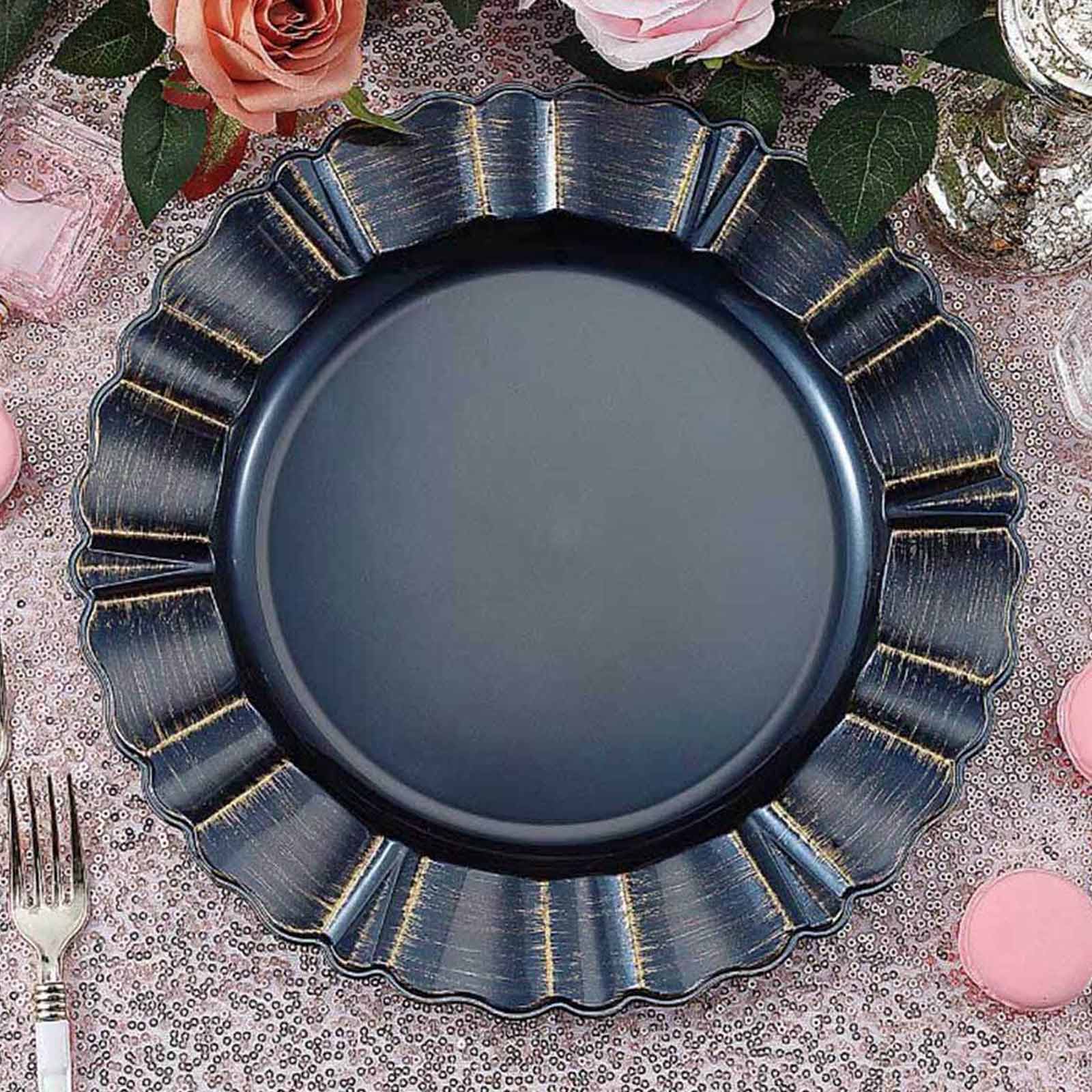 6-Pack Acrylic Plastic Round Charger Plates 13 in Navy Blue with Gold Brushed Wavy Scalloped Rim, Decorative Dinner Party Charger Tableware