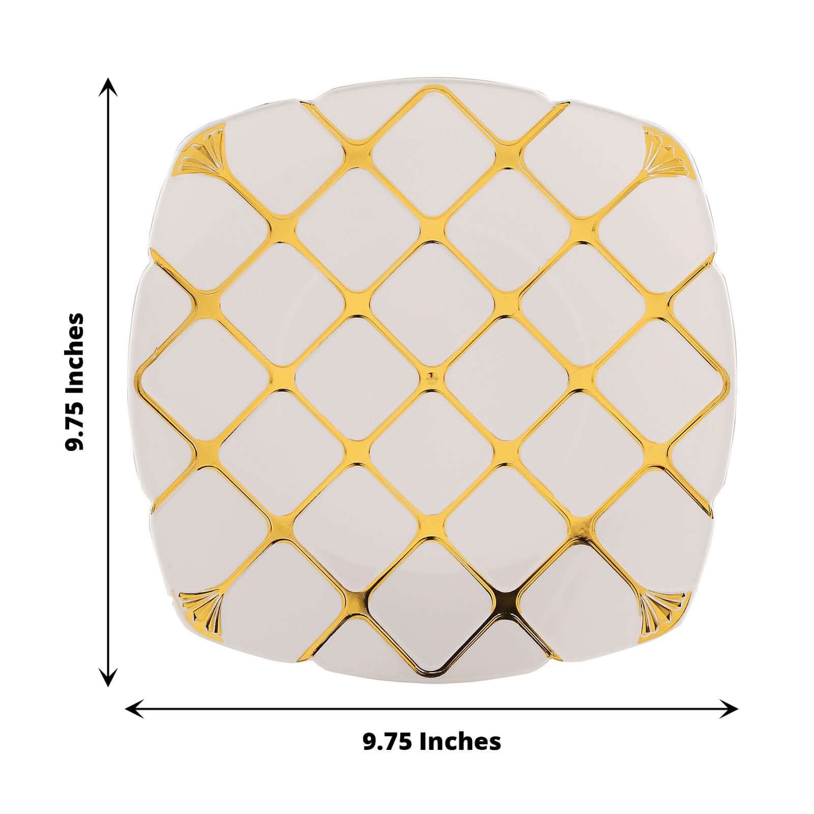 10-Pack Plastic 10 Square Dinner Plates in White with Gold Diamond Lattice Pattern - Disposable Party Plates for Weddings, Banquets & Special Events