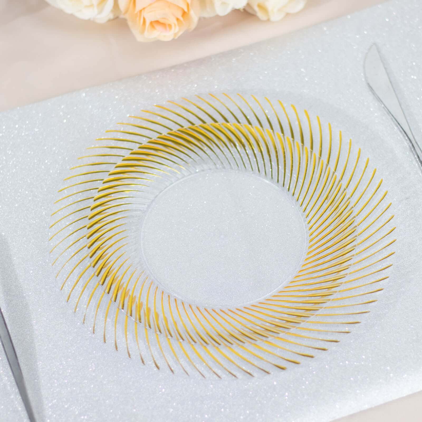 10-Pack Plastic 7 Round Dessert Plates in Clear with Gold Swirl Rim - Disposable Salad Plates