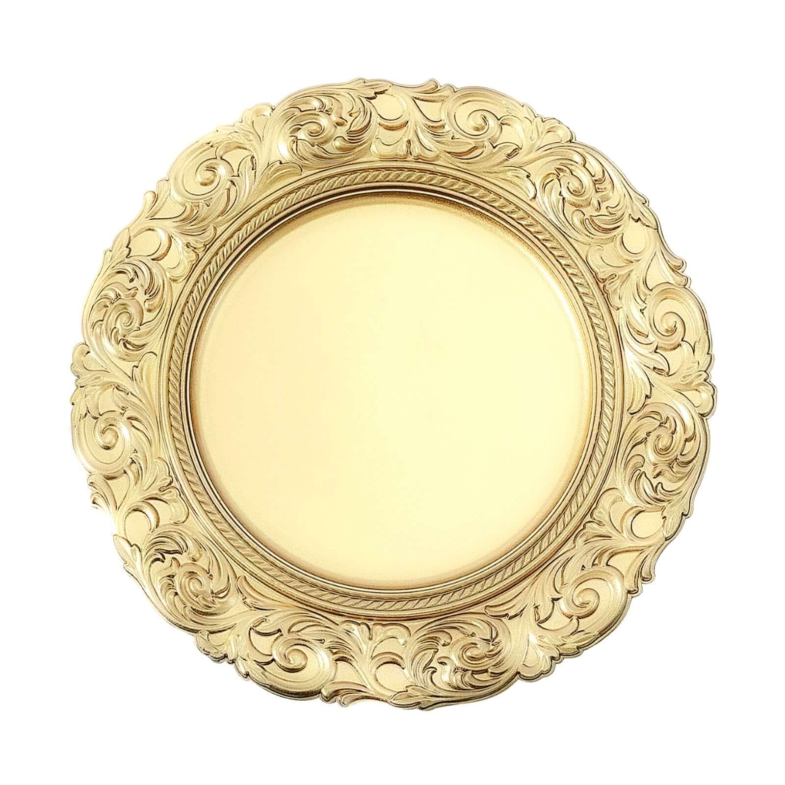 6-Pack Acrylic Round Charger Plates 14 in Gold with Engraved Baroque Rim, Vintage Disposable Decorative Chargers