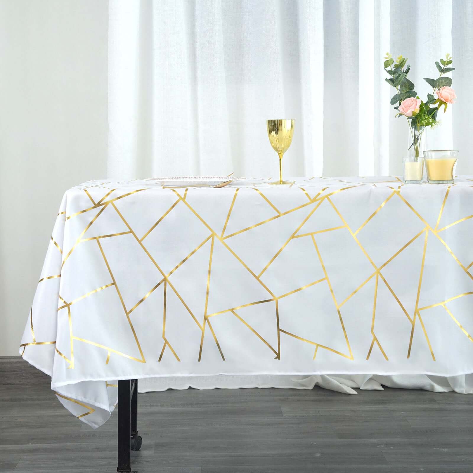 Polyester 60x102 Rectangle Tablecloth White with Gold Foil Geometric Pattern - Wrinkle-Resistant and Durable Table Cover for Weddings & Events