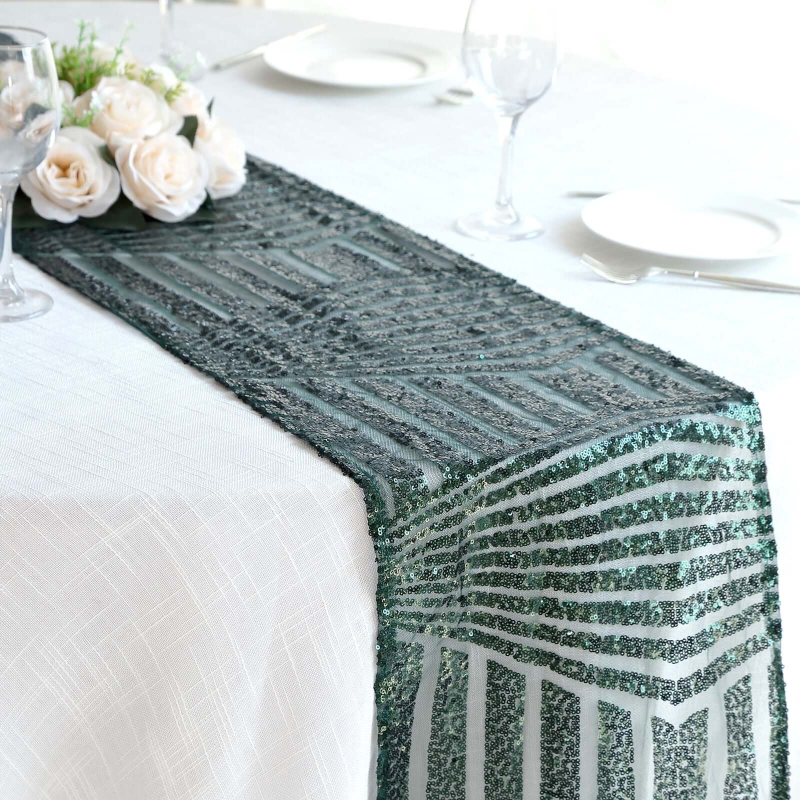 Sequin 12x108 Table Runner Hunter Emerald Green - Diamond Glitz Design