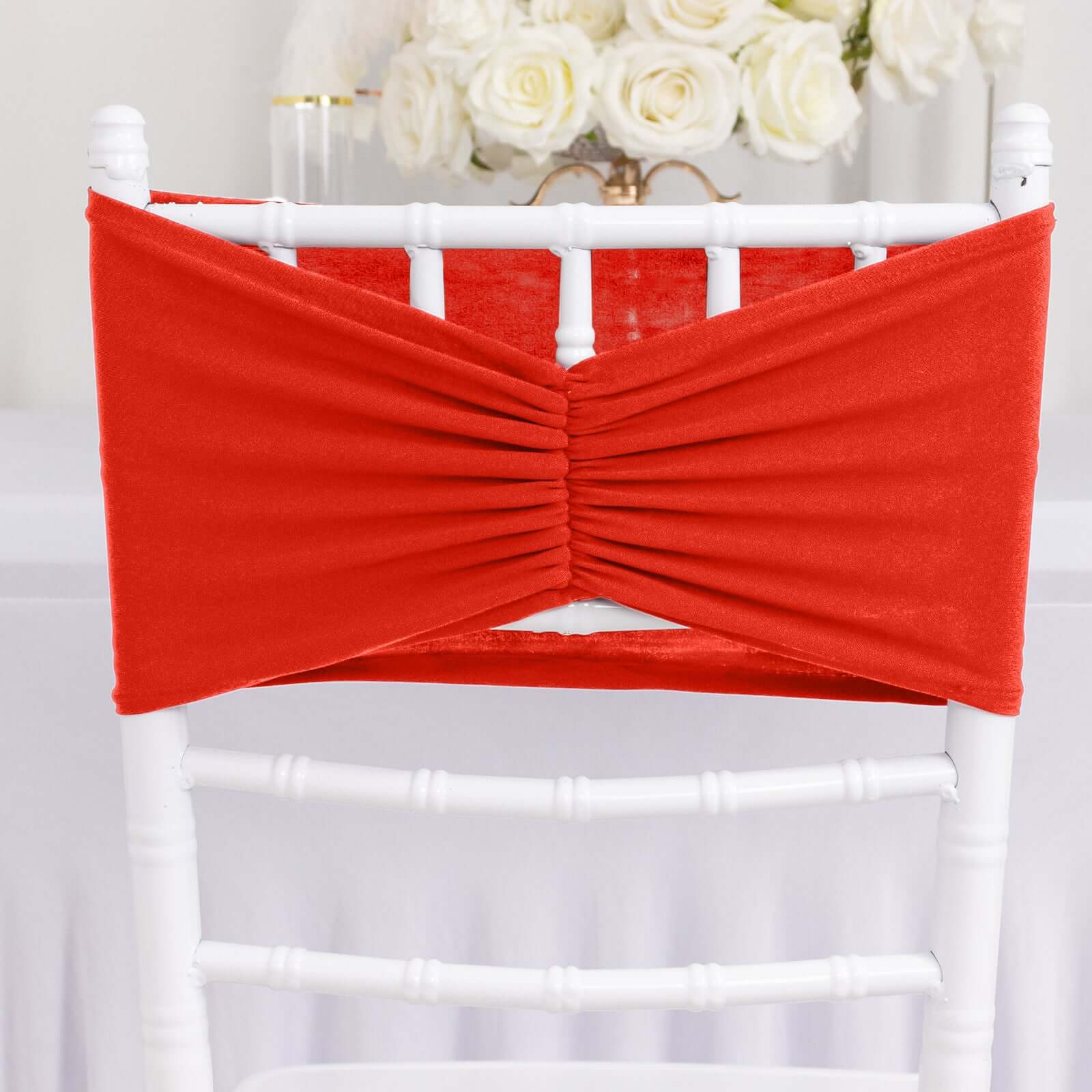 5 Pack Spandex Chair Sashes Red Ruffled Style - Wide Easy to Use Stretch Chair Bands 8x13