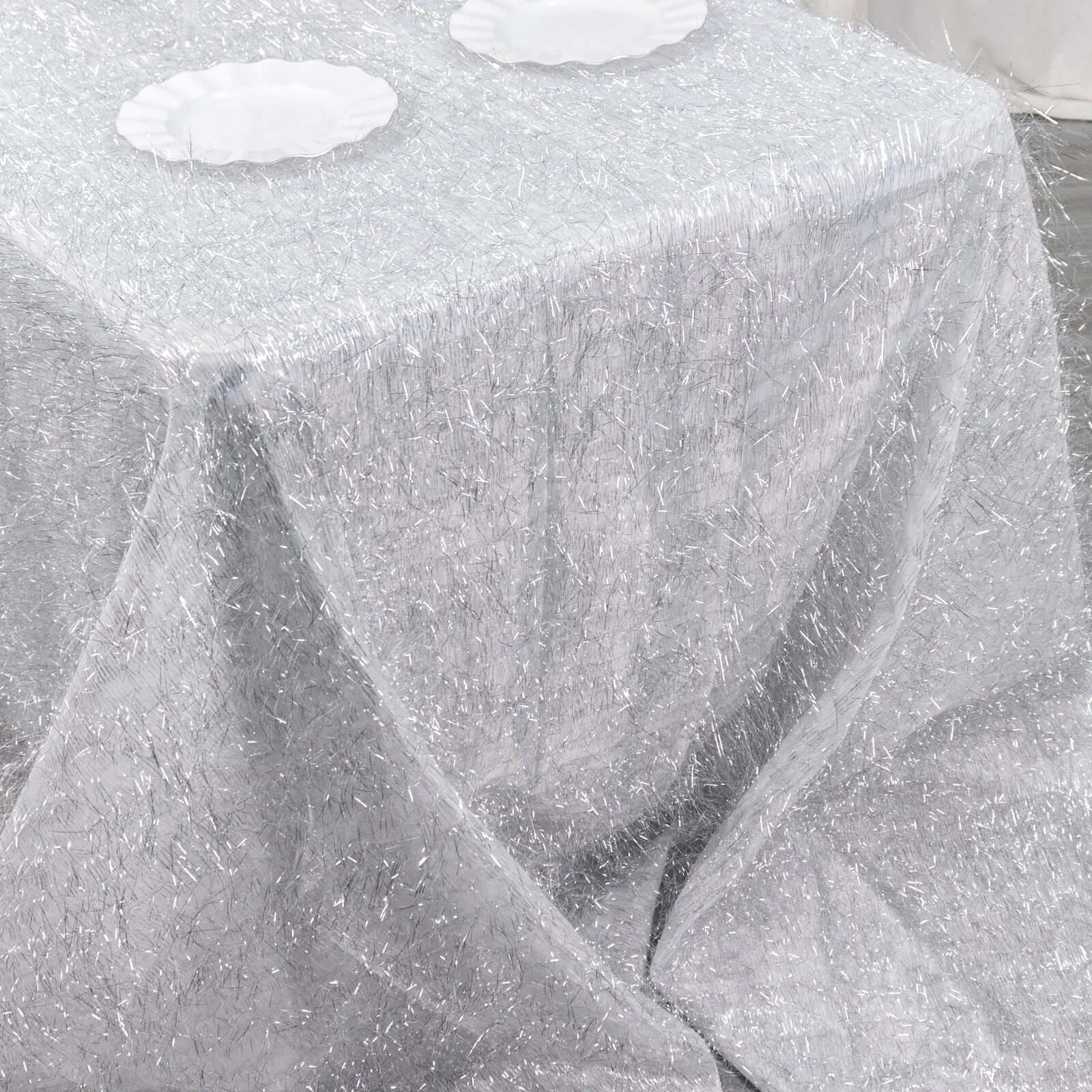 Polyester 90x156 Rectangle Tablecloth Silver Metallic Fringe Shag Tinsel Table Cover