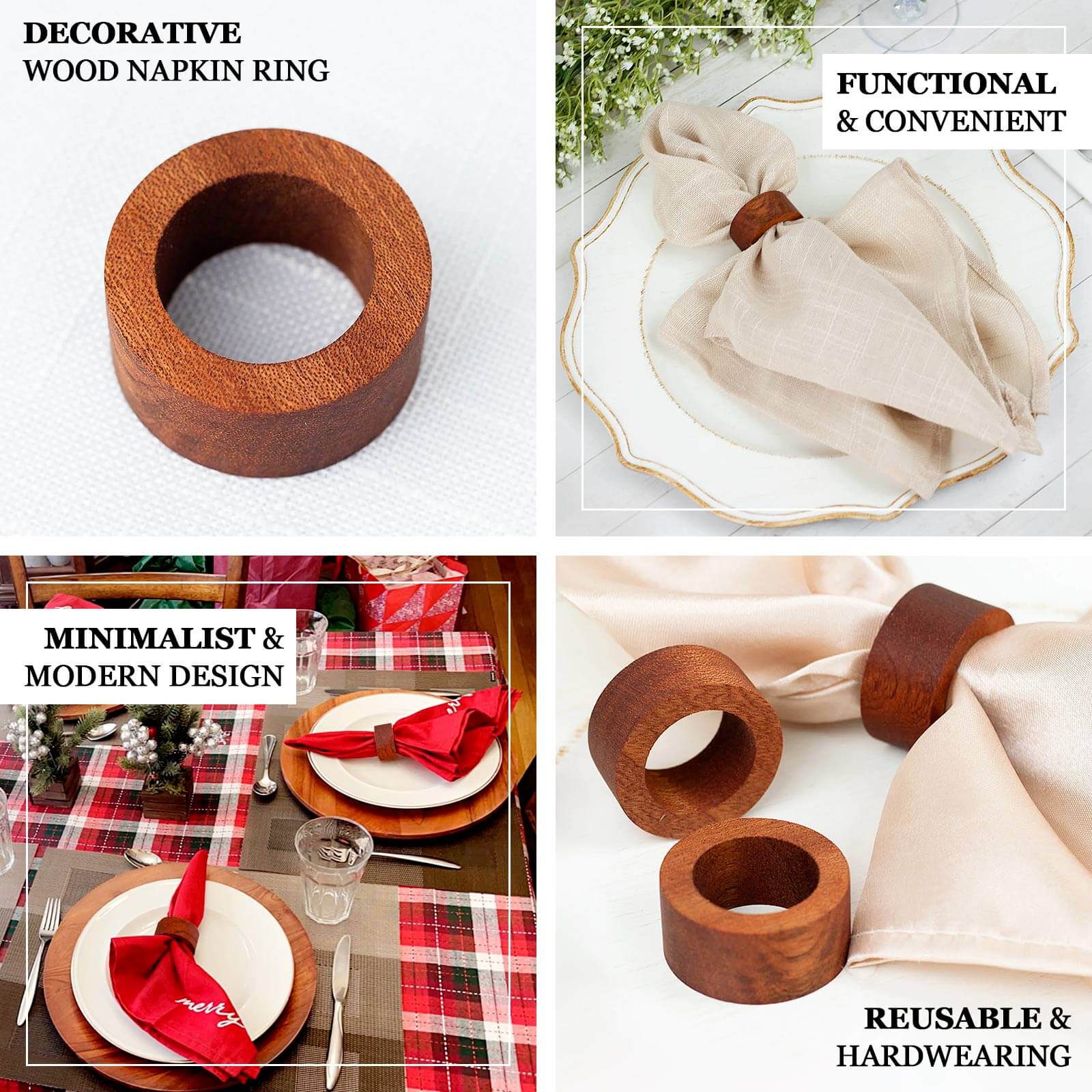 4 Pack 1.75 Cinnamon Brown Rustic Hardwood Farmhouse Napkin Rings, Boho Napkin Holder Wood Slices