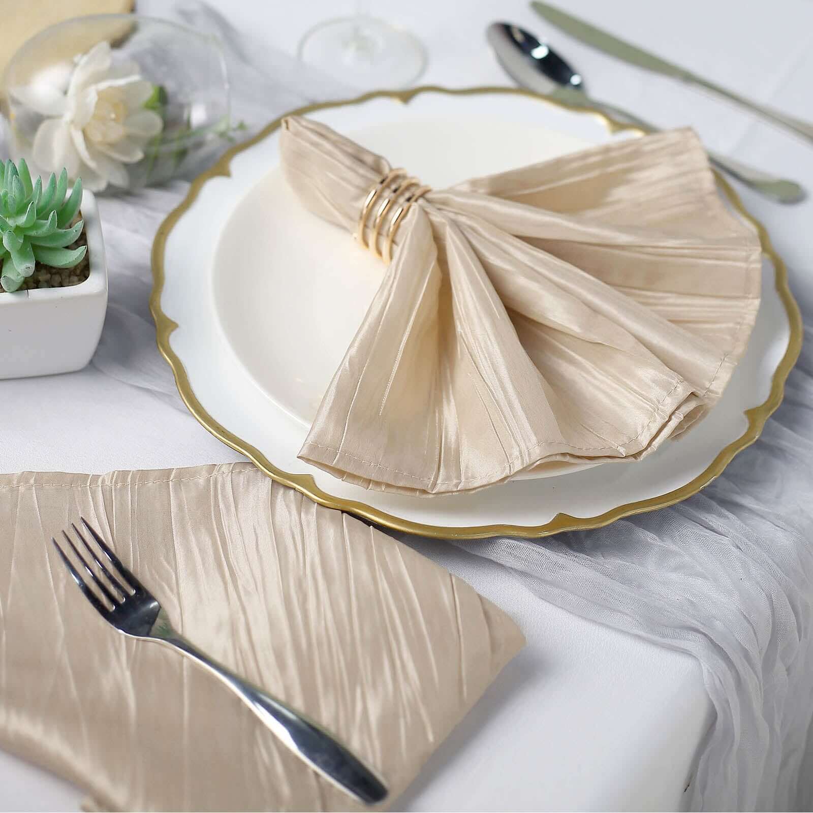 5 Pack Taffeta 20x20 Napkins Beige - Accordion Crinkle Dinner Napkins