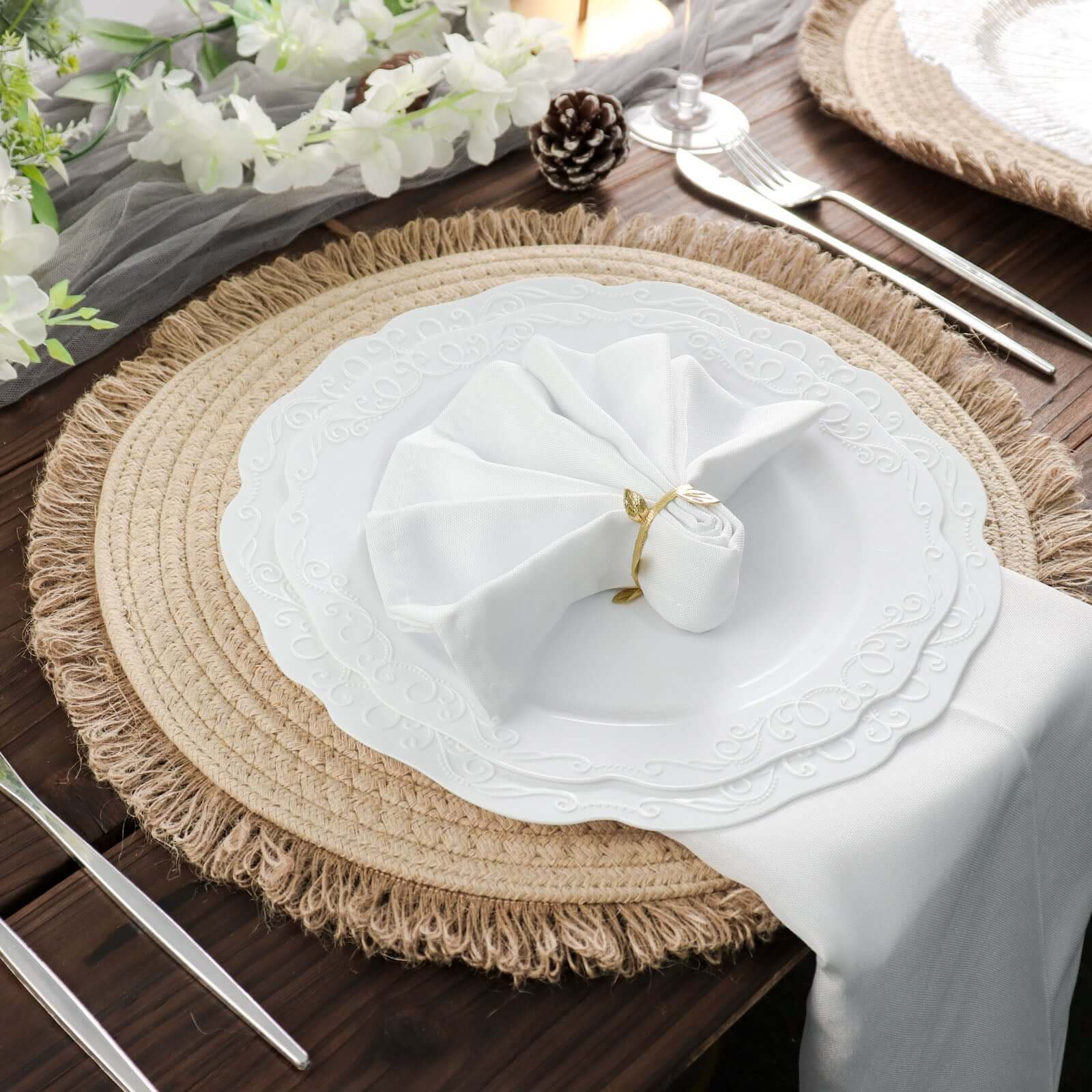 4-Pack Placemats Fringed Edge Design Natural Rustic Burlap Jute Round - Farmhouse Style Table Mats with Trim 15