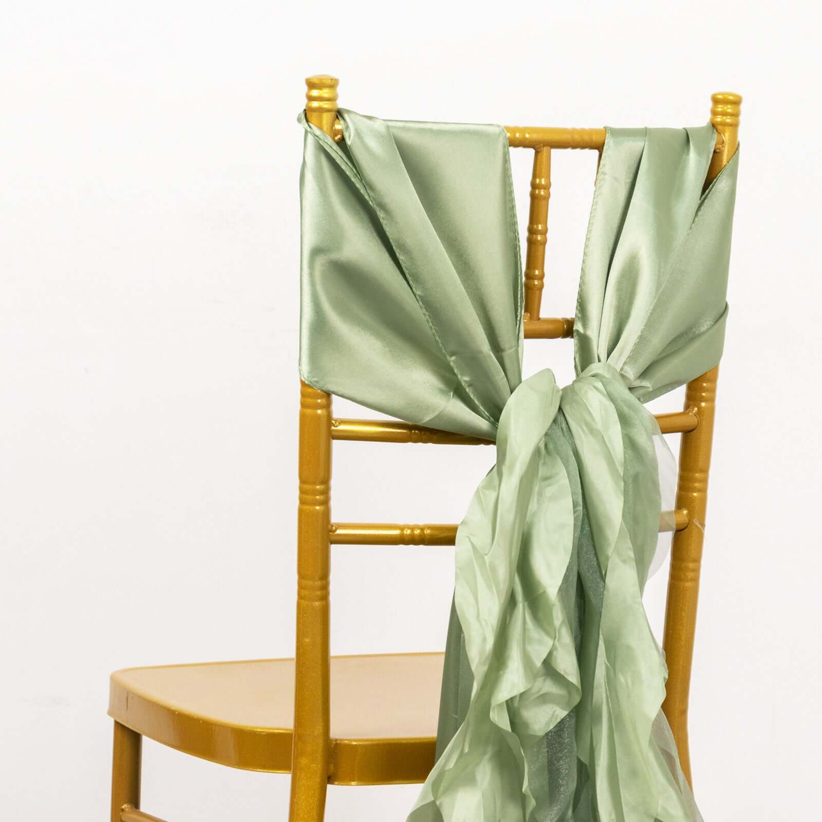 5 Pack Chiffon Satin Chair Sashes Sage Green - Easy to Install Ruffled Curly Willow