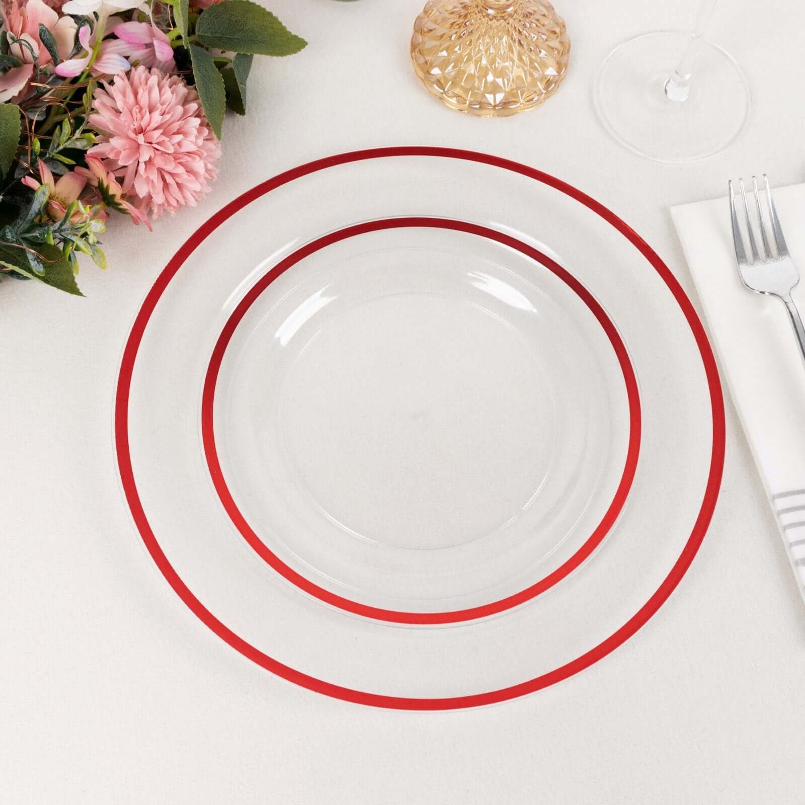 10-Pack Plastic 7 Round Appetizer Plates in Clear with Red Rim - Sleek Disposable Salad Plates for Banquets & Special Occasions