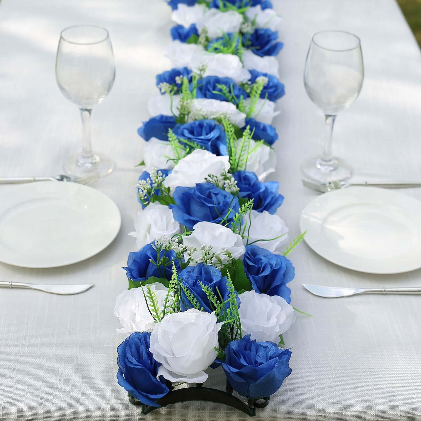 6 Pack White Royal Blue Silk Rose Flower Panel Table Runner, Artificial Floral Arrangements Wedding Table Centerpiece - 20x8