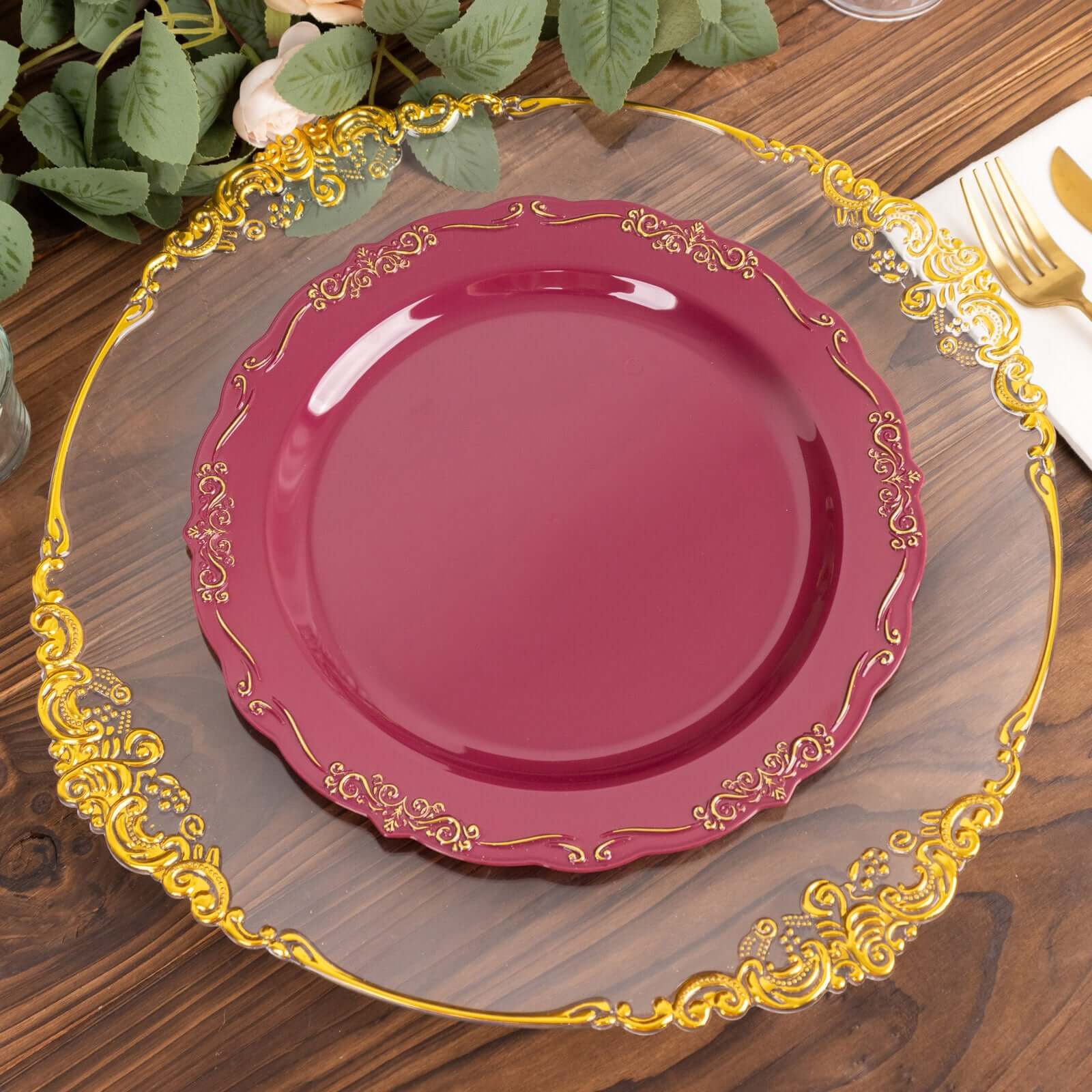 10-Pack Plastic 10 Round Dinner Plates in Burgundy with Gold Vintage Embossed Rim - Sturdy Disposable Scalloped Edge Party Plates for Sophisticated Events & Celebrations