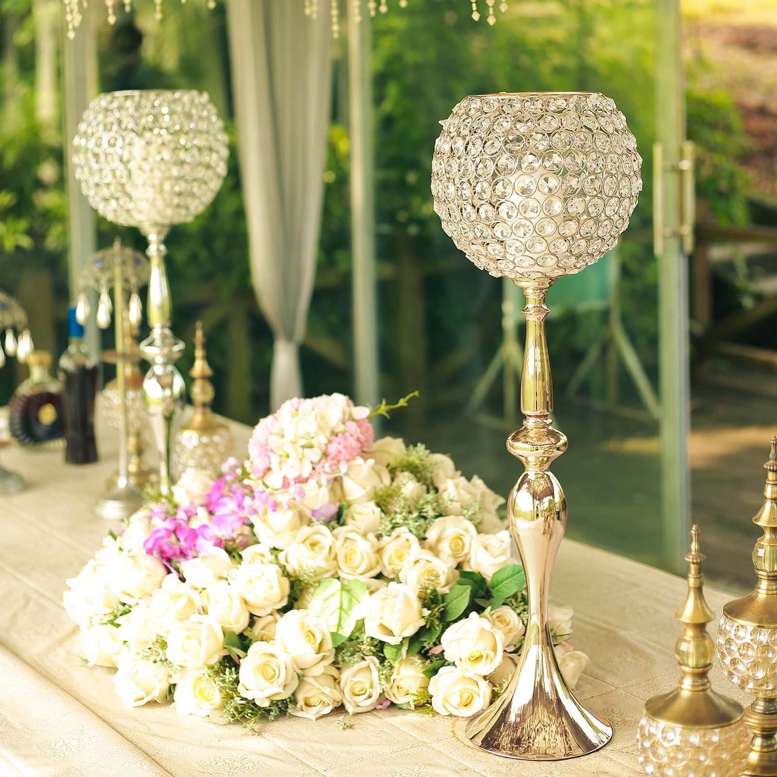 Acrylic Crystal Beaded Goblet Candle Holder Gold - Exquisite Flower Ball Centerpiece Stand for High-End Event Styling 30