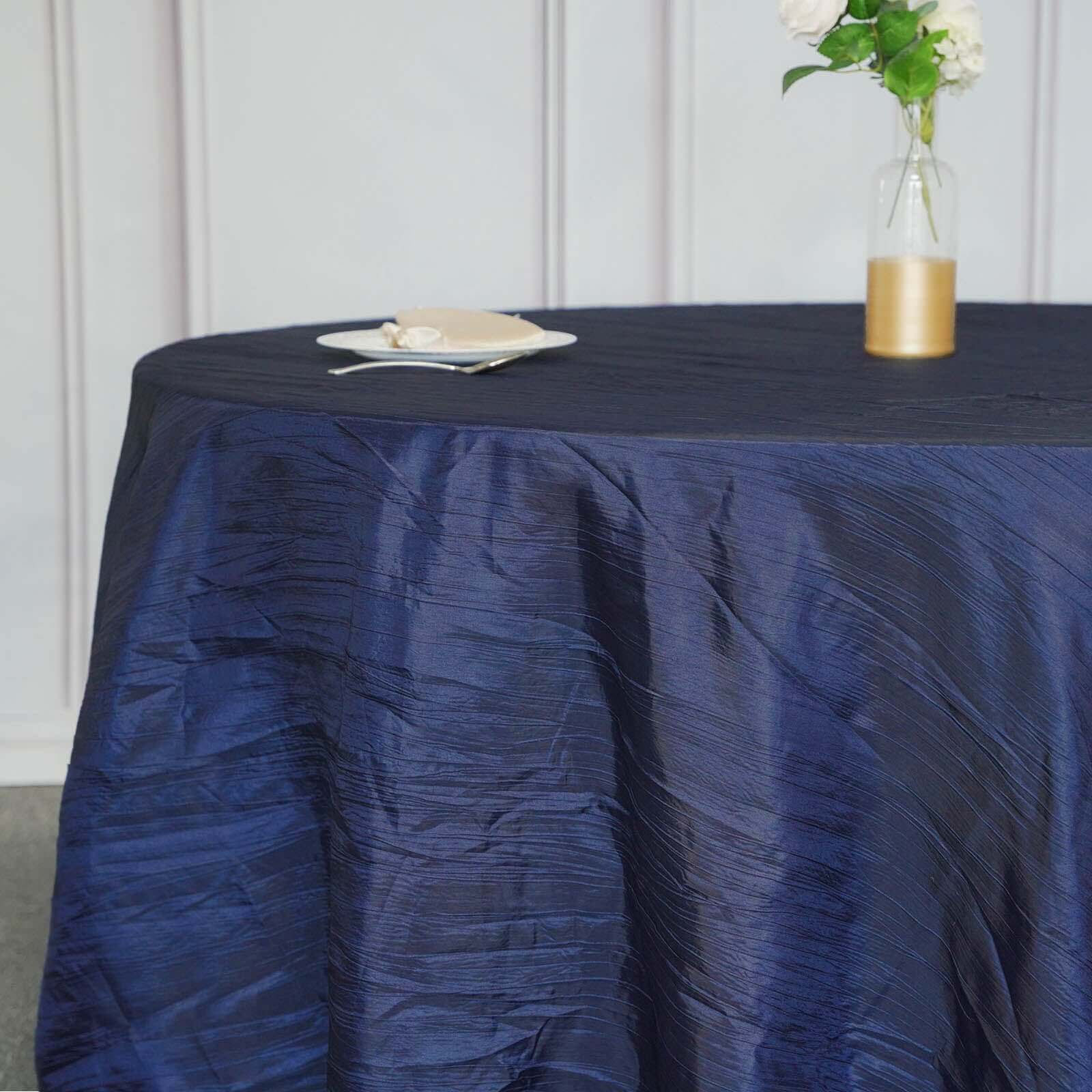 Taffeta 120 Round Tablecloth Navy Blue - Seamless Accordion Crinkle Table Cover