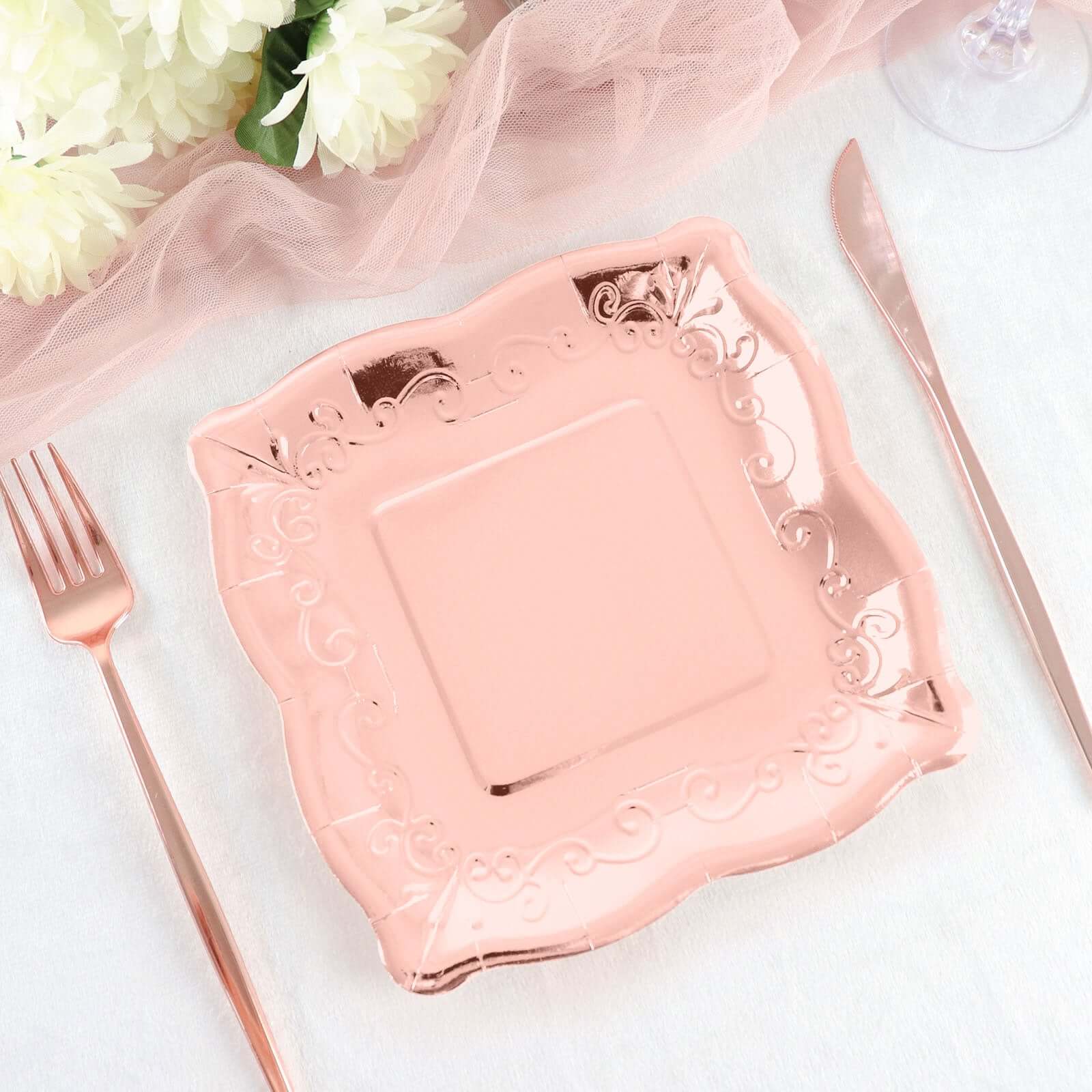 25-Pack Paper 7 Square Dessert Plates in Rose Gold with Vintage Pottery Embossed Design - Shiny Metallic Disposable Appetizer Plates