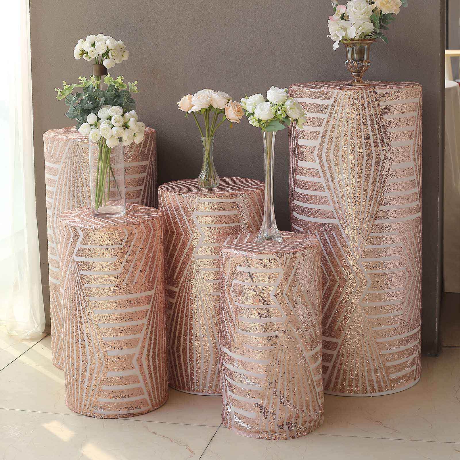 Set of 5 Rose Gold Sequin Mesh Cylinder Pedestal Stand Covers with Geometric Pattern Embroidery, Sparkly Sheer Tulle Pillar Prop Covers