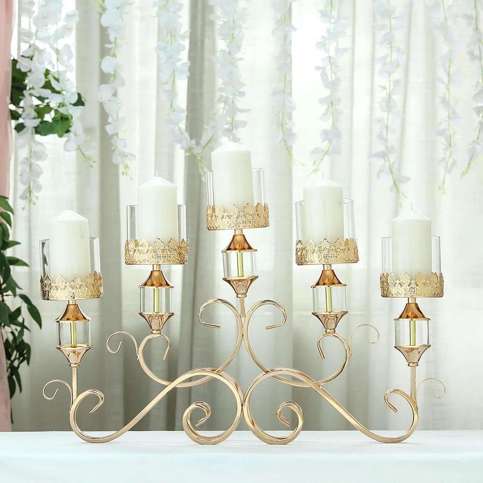 5-Arm Metal Table Candelabra Antique Gold Crown Top Design - Stylish Horizontal Table Centerpiece with Glass Votive Holders 18