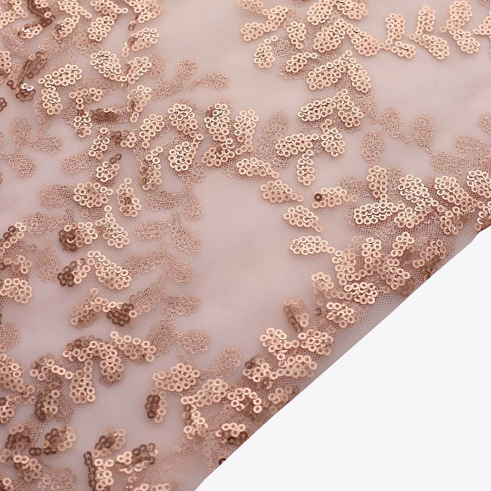 Set of 5 Rose Gold Sequin Mesh Cylinder Pedestal Stand Covers with Leaf Vine Embroidery, Sparkly Sheer Tulle Pillar Prop Covers