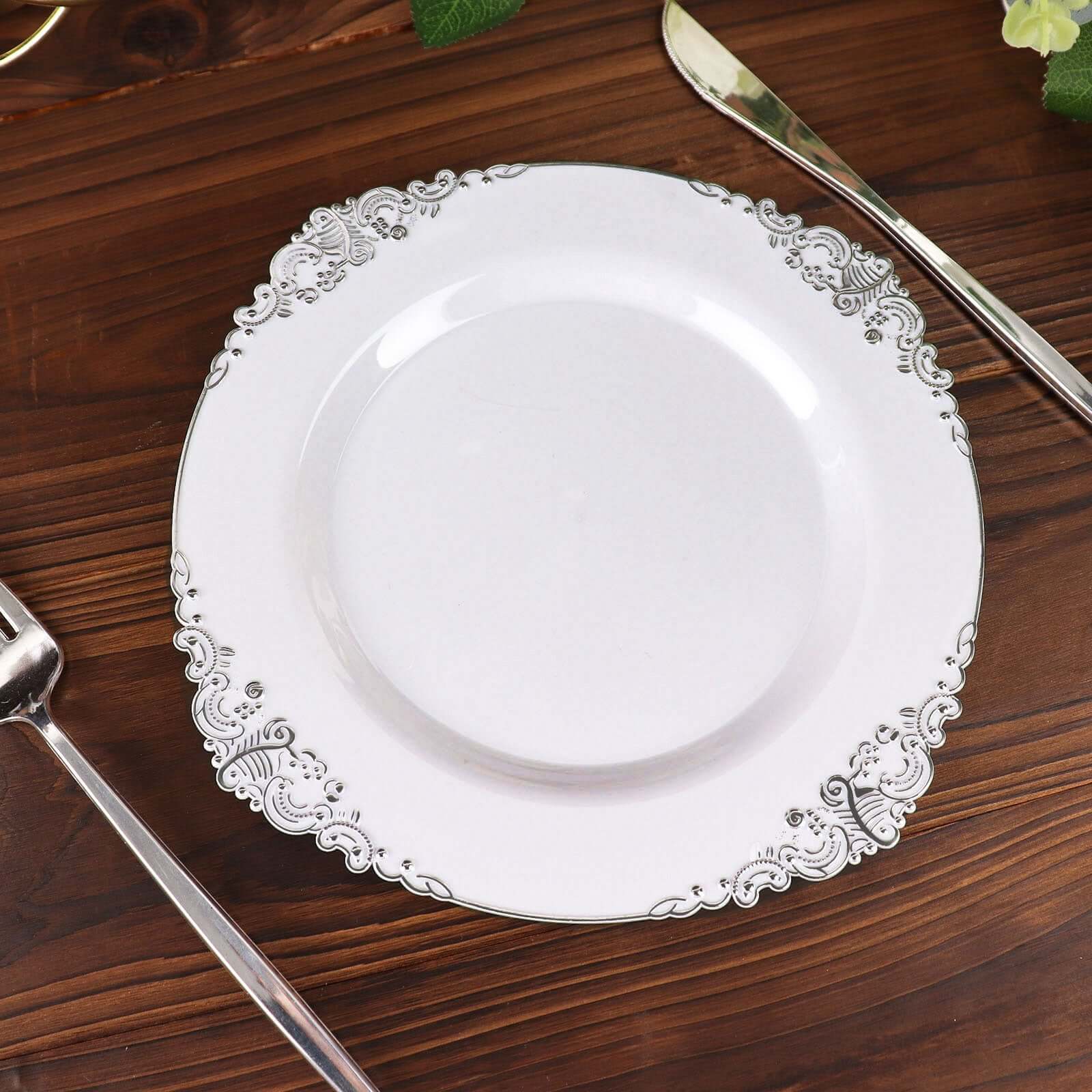 10-Pack Plastic 8 Round Dessert Plates in White with Silver Leaf Embossed Rim - Disposable Vintage Baroque Style Salad Plates