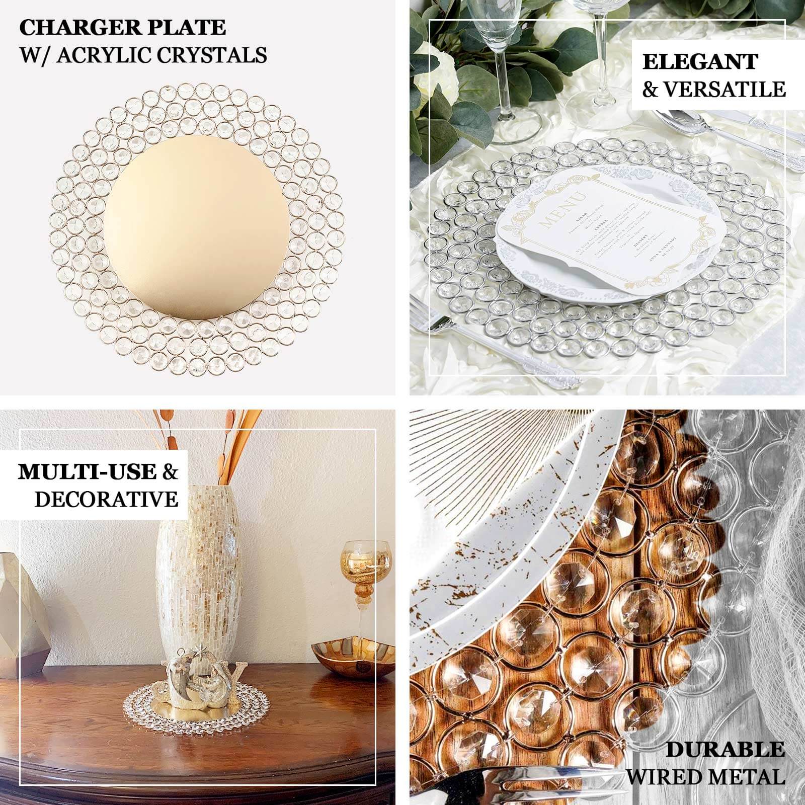 Wired Metal Round Charger Plate 14 in Gold with Acrylic Crystal Beads, Glamorous Decorative Dinner Charger Tableware