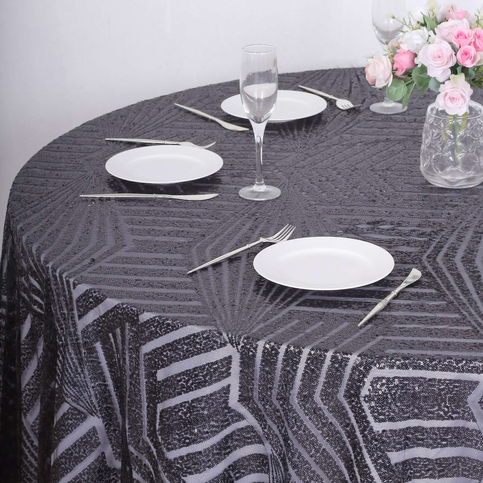 Sequin 120 Round Tablecloth Black - Seamless Diamond Glitz Table Cover