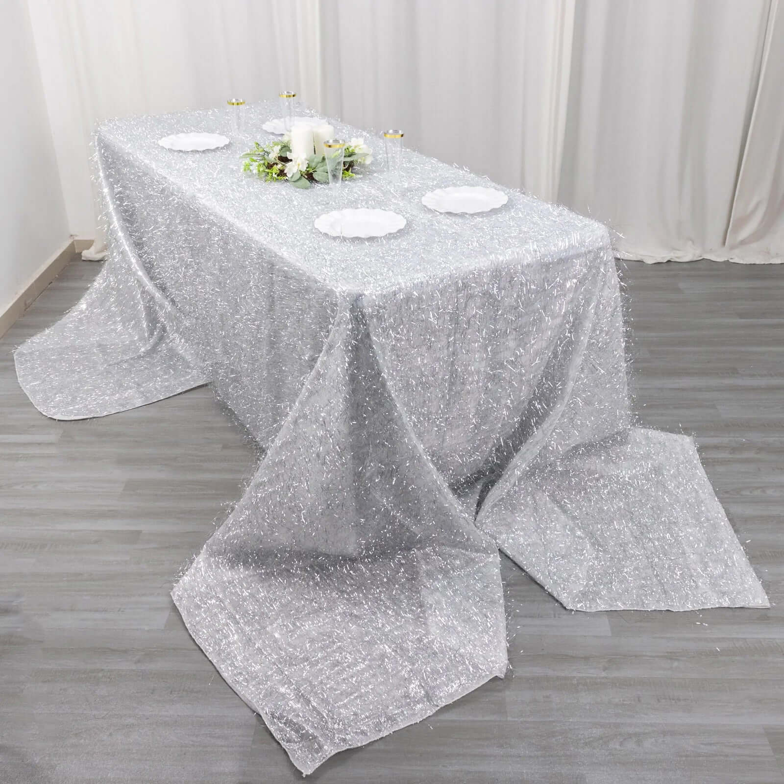 Polyester 90x156 Rectangle Tablecloth Silver Metallic Fringe Shag Tinsel Table Cover