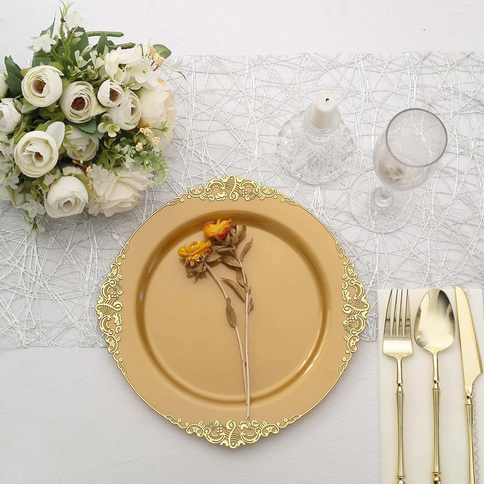 10-Pack Plastic 10 Round Dinner Plates in Gold with Leaf Embossed Rim - Disposable Vintage Baroque Style Plates for Luxurious Gatherings & Events