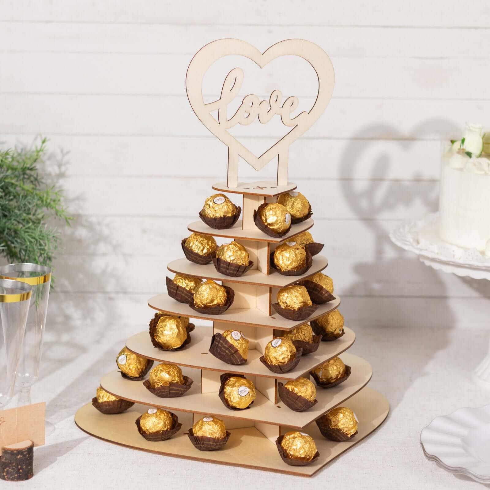 7-Tier Wooden Chocolate Display Stand Heart Shape Natural with Love Topper - DIY Dessert Table Tower Rack 16