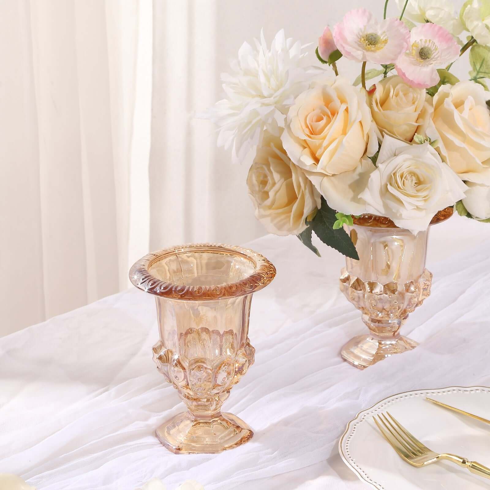 2-Pack Glass Mini Pedestal Flower Vases in Classic Roman Urn Style Amber Gold - Sophisticated Wedding Table Centerpieces 6