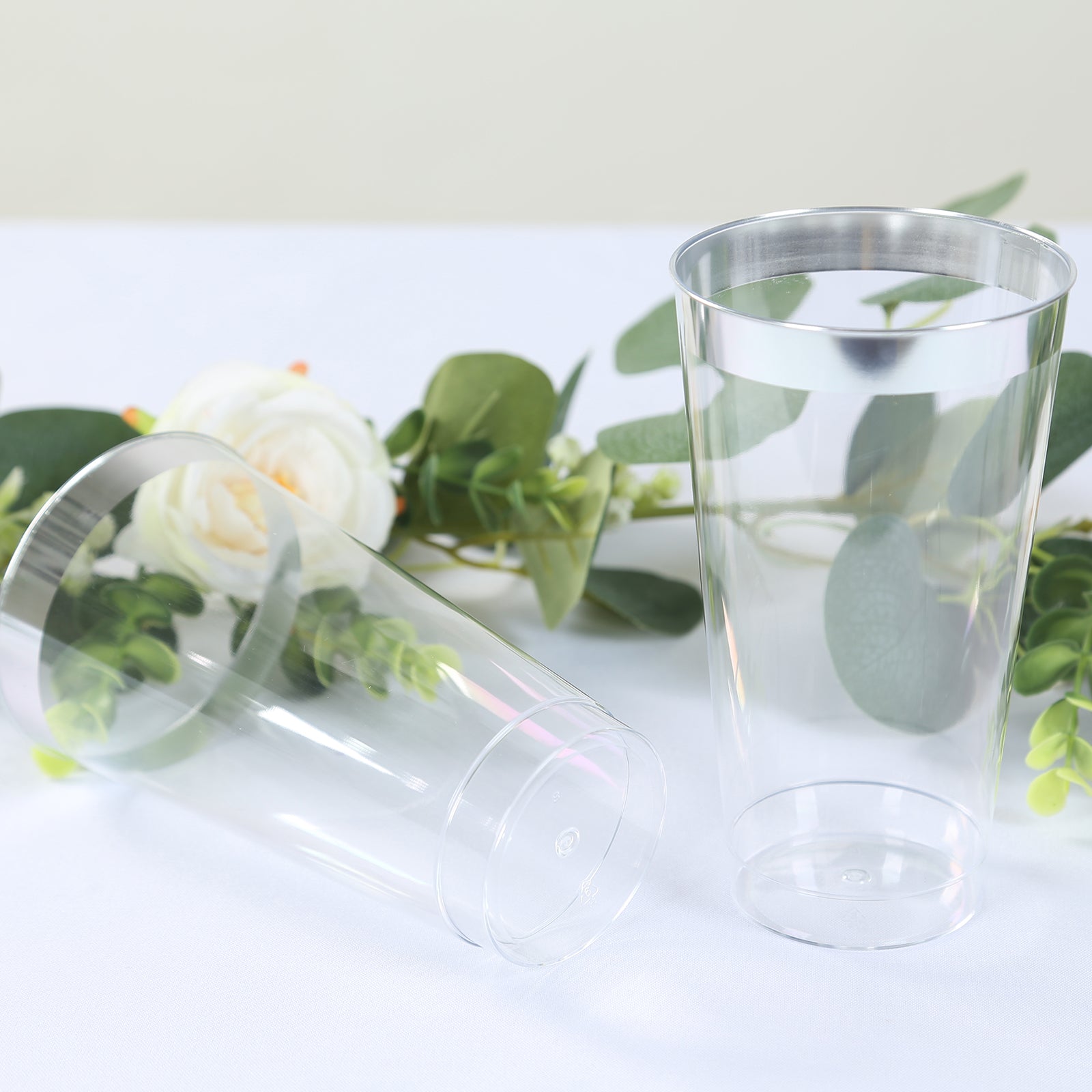 12-Pack Plastic Party Cups Clear with Silver Rim - Durable Disposable Tumblers for Drinks 17oz 5.5