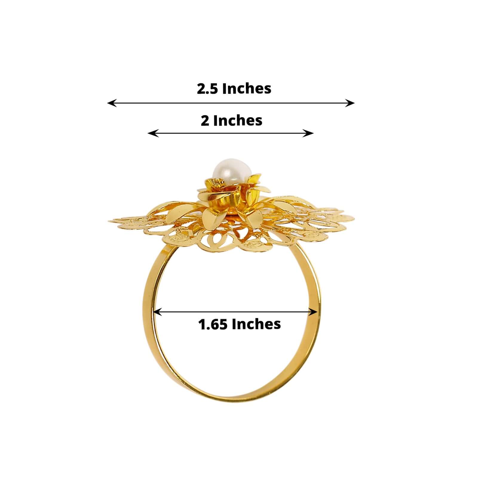 4 Pack 2 Elegant Gold Metal Pearl Floral Serviette Napkin Rings, Daffodil Flower Buckle Napkin Holders