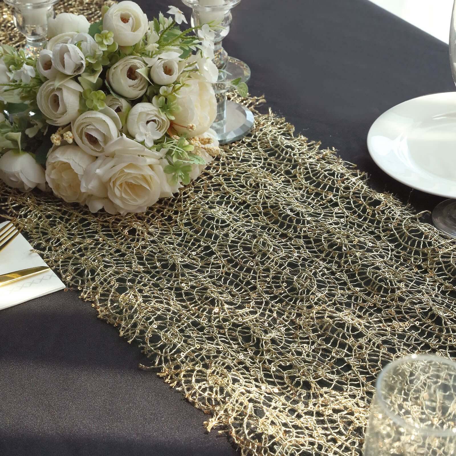 Mesh 12x108 Table Runner Gold - Sequin Schiffli Lace Design for Stylish Celebrations