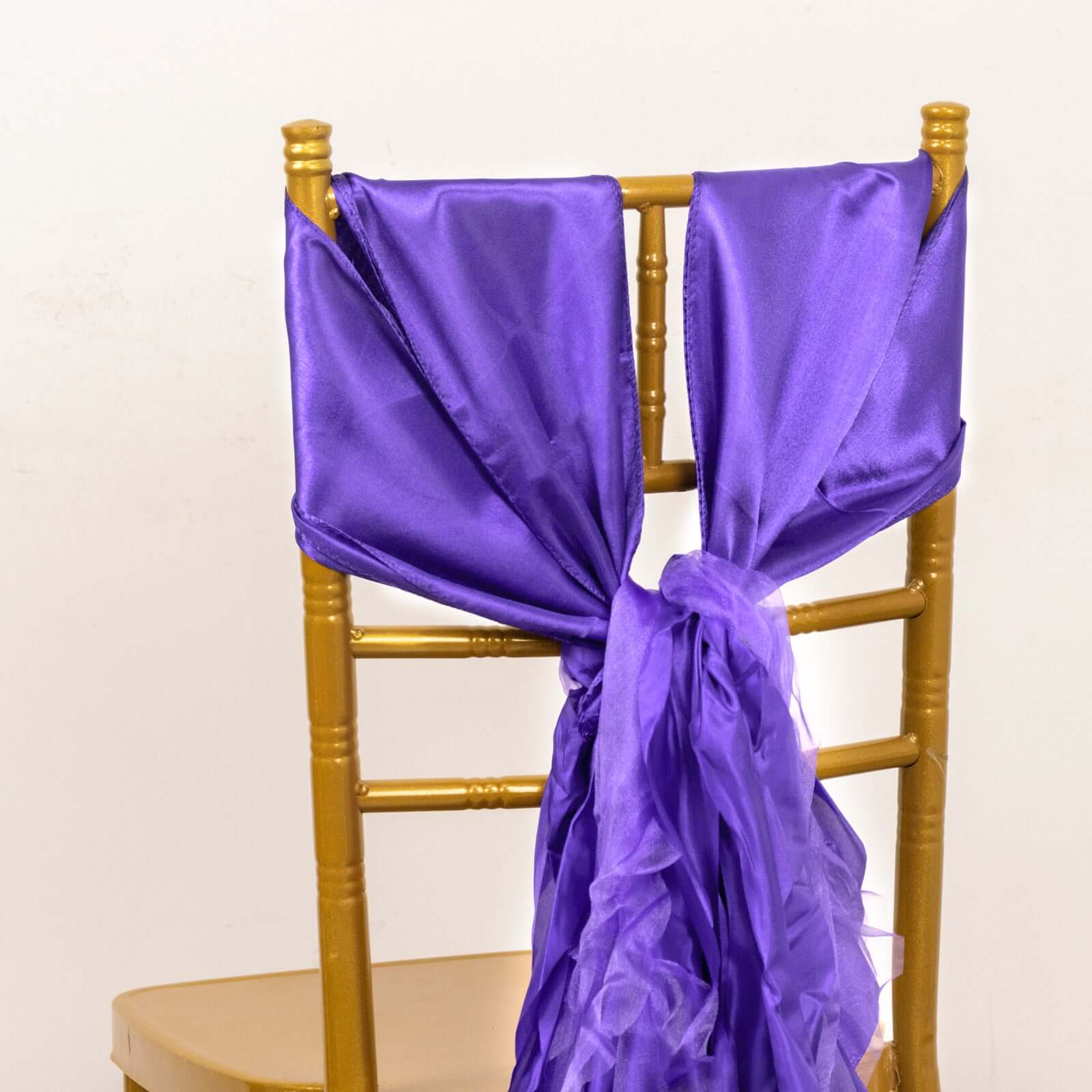 5 Pack Chiffon Satin Chair Sashes Purple - Easy to Install Ruffled Curly Willow