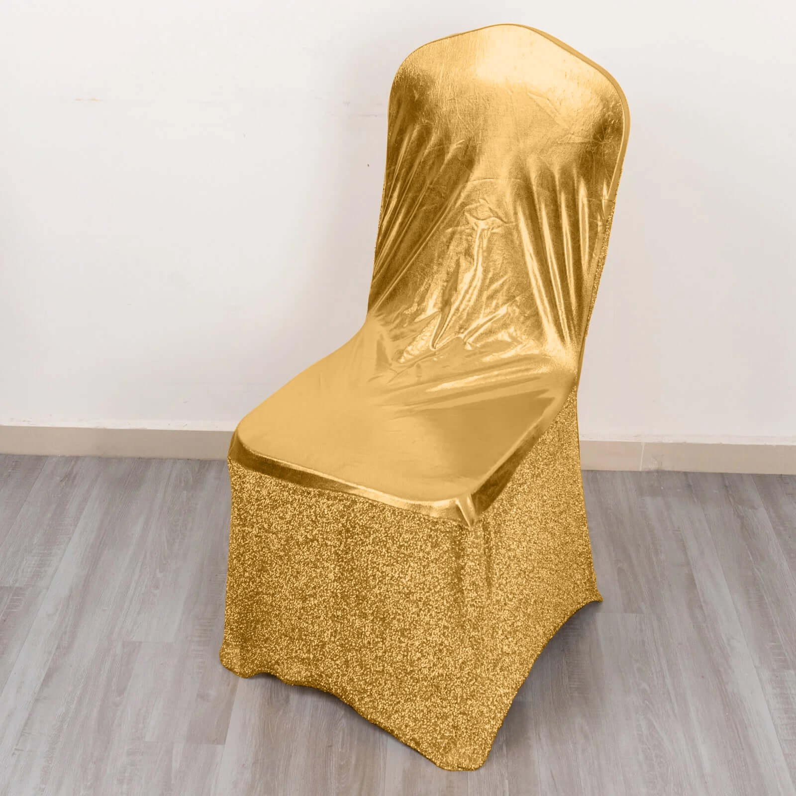 Spandex Banquet Chair Cover Metallic Gold Tinsel with Sash and Rhinestone Buckle - Luxe Shimmering Fitted Slipcover for Events