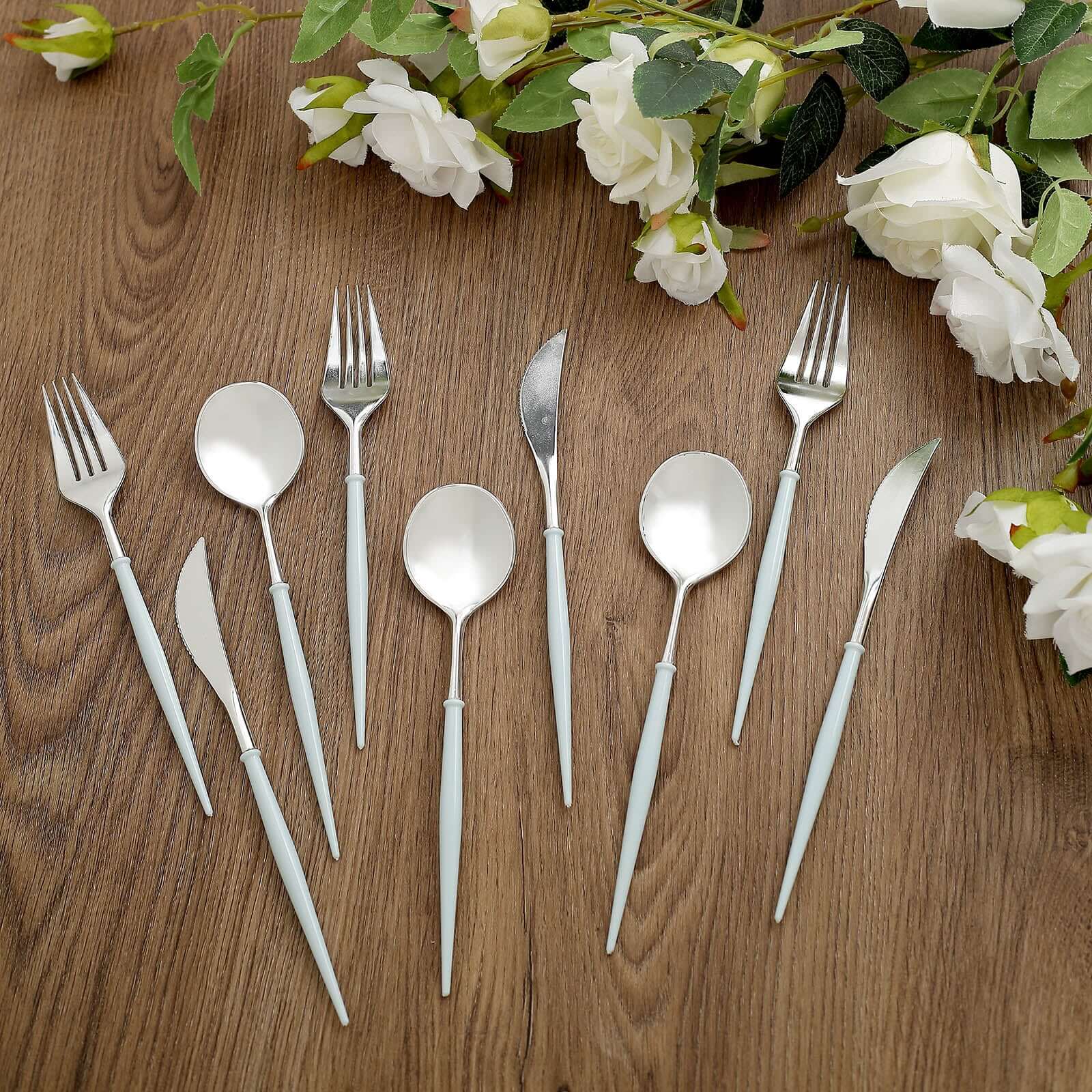 24-Pack Plastic Flatware Set in Silver with Light Blue Handle - Heavy Duty Disposable Modern Silverware 8