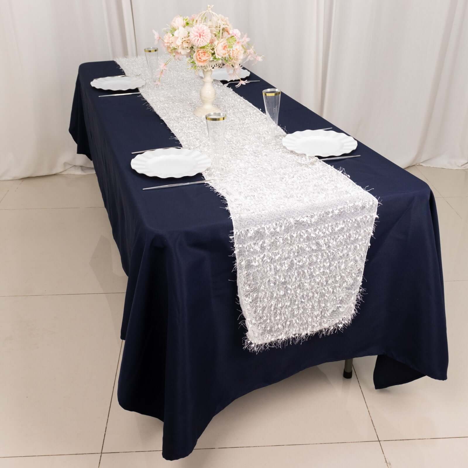 Polyester 12x108 Table Runner White - Fringe Shag Table Decor