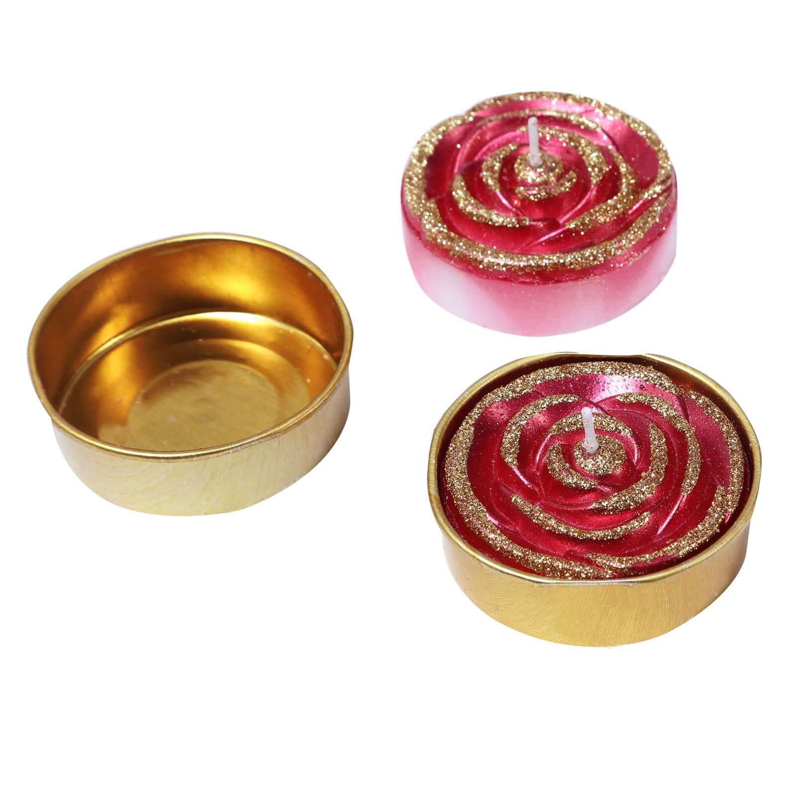 2-Pack Tealight Candles Red/Gold Glitter Rose Design - Unscented Dripless Wax for Romantic Decor